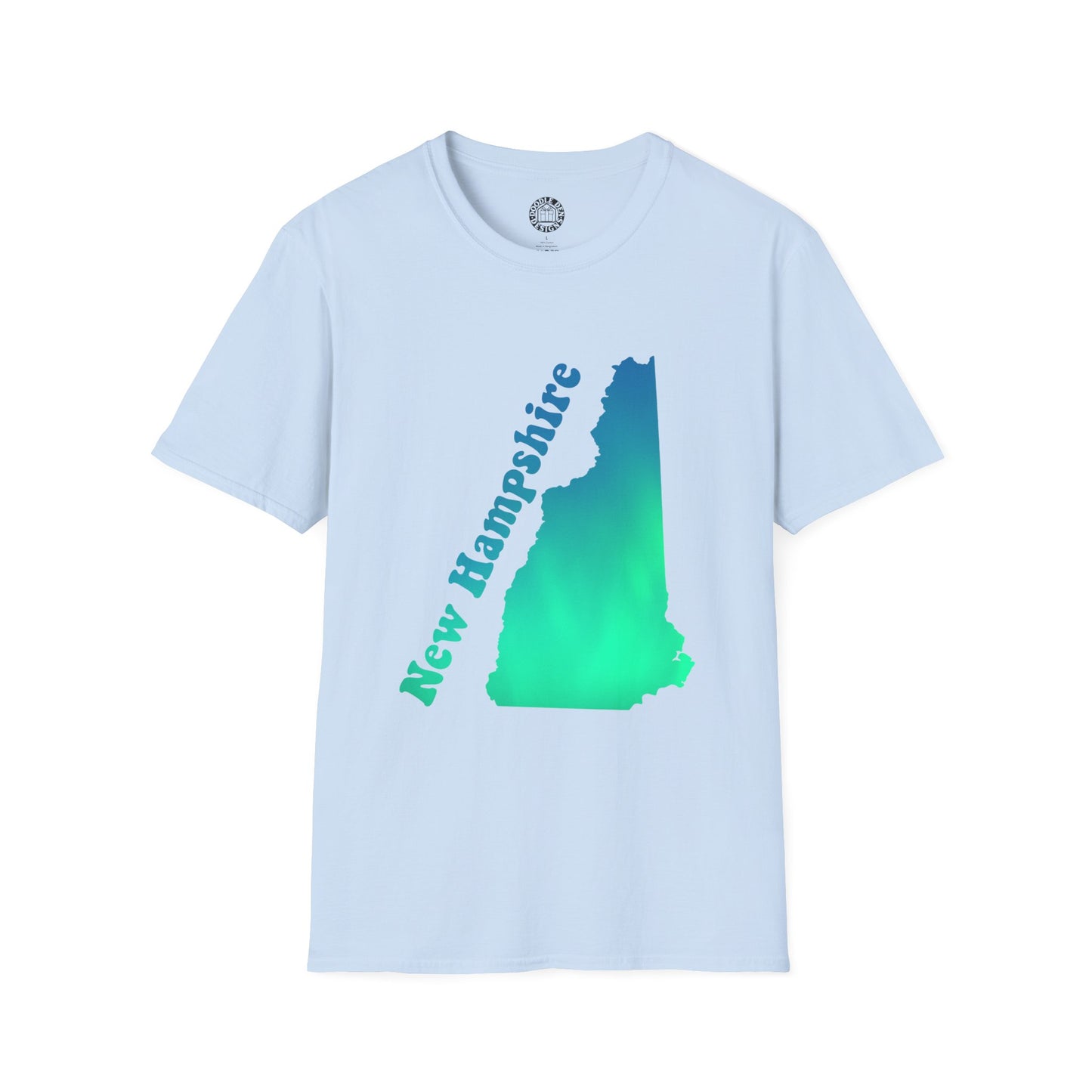 Light blue t-shirt with New Hampshire map design on a white background