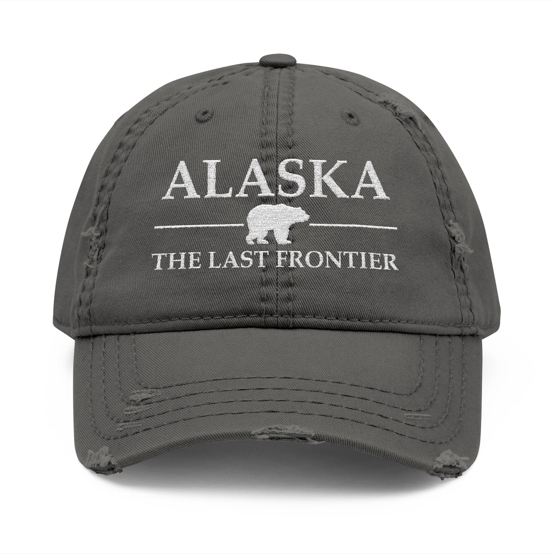 Gray cap with 'Alaska The Last Frontier' text and bear graphic  embroidered in white thread