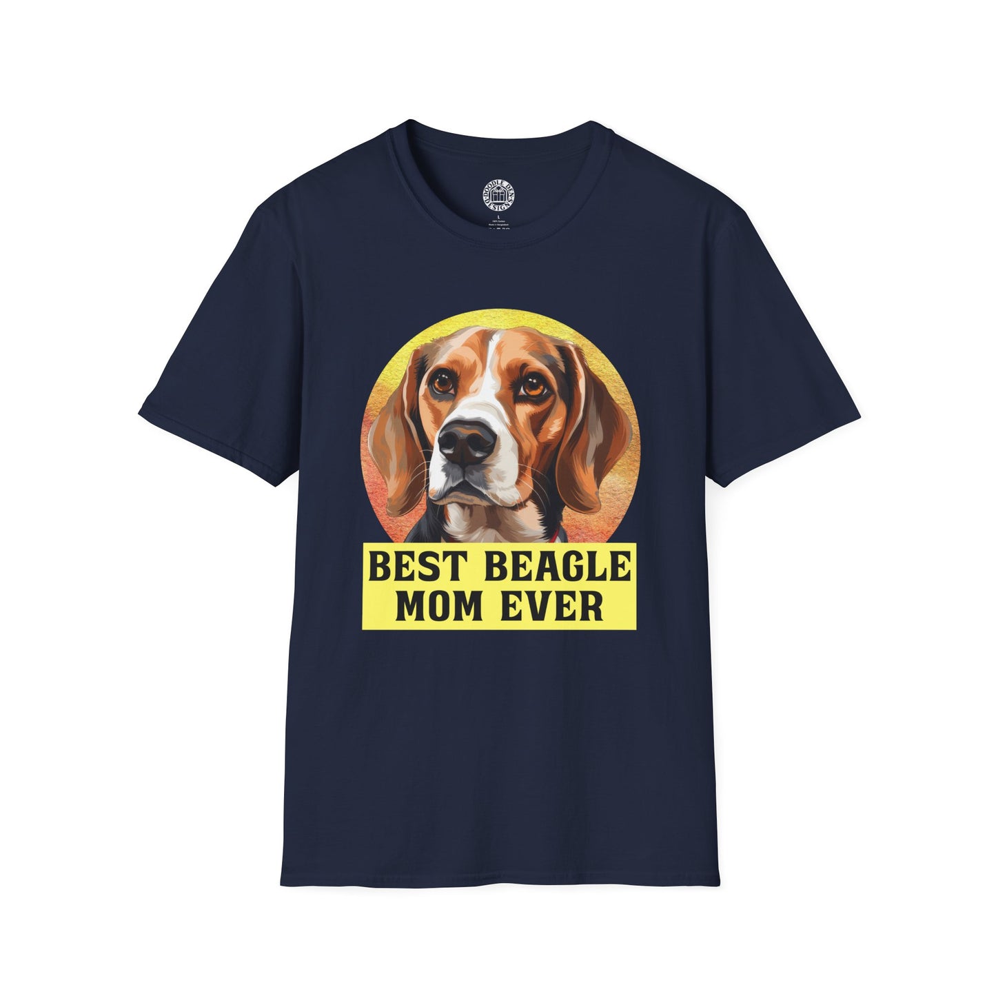 Navy blue t-shirt with a beagle graphic and 'Best Beagle Mom Ever' text on a white background