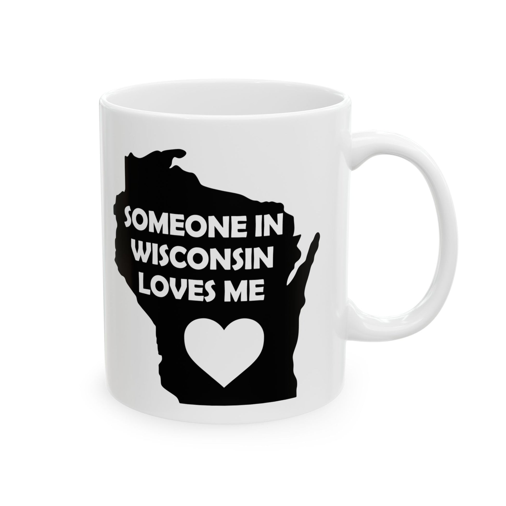 White mug with black silhouette of Wisconsin and text 'Someone in Wisconsin loves me' on a white background