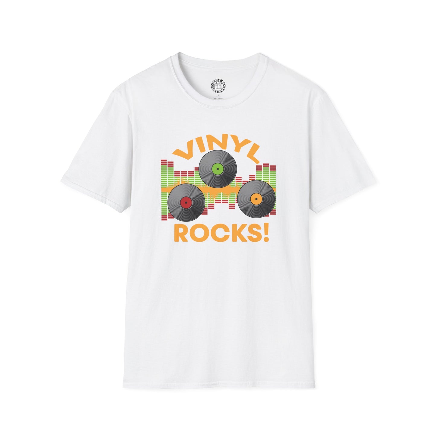 White t-shirt with 'Vinyl Rocks!' graphic design on a white background