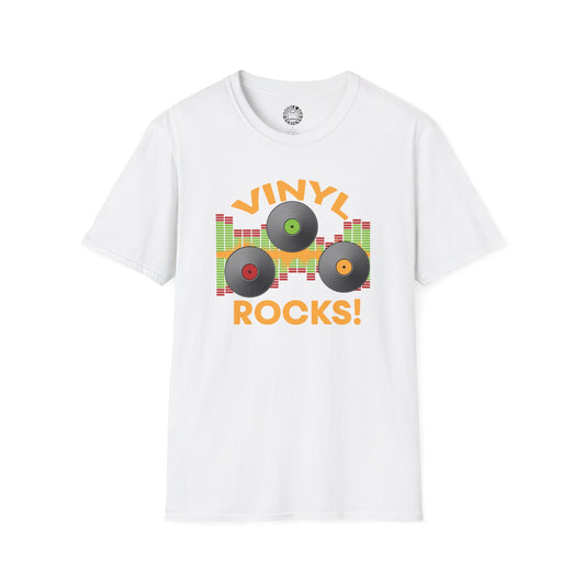 White t-shirt with 'Vinyl Rocks!' graphic design on a white background