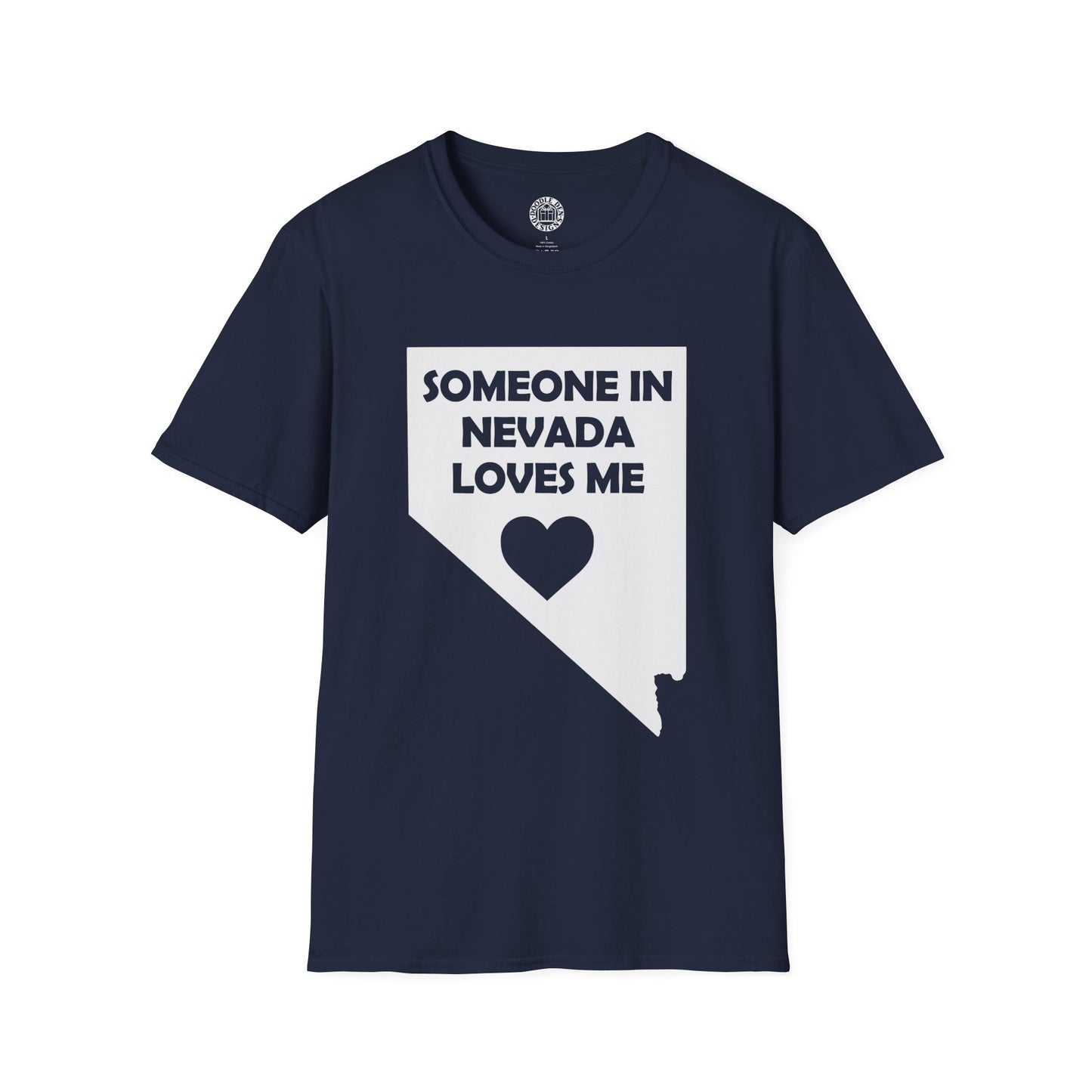 Navy blue t-shirt with 'Someone in Nevada loves me' graphic on a white background
