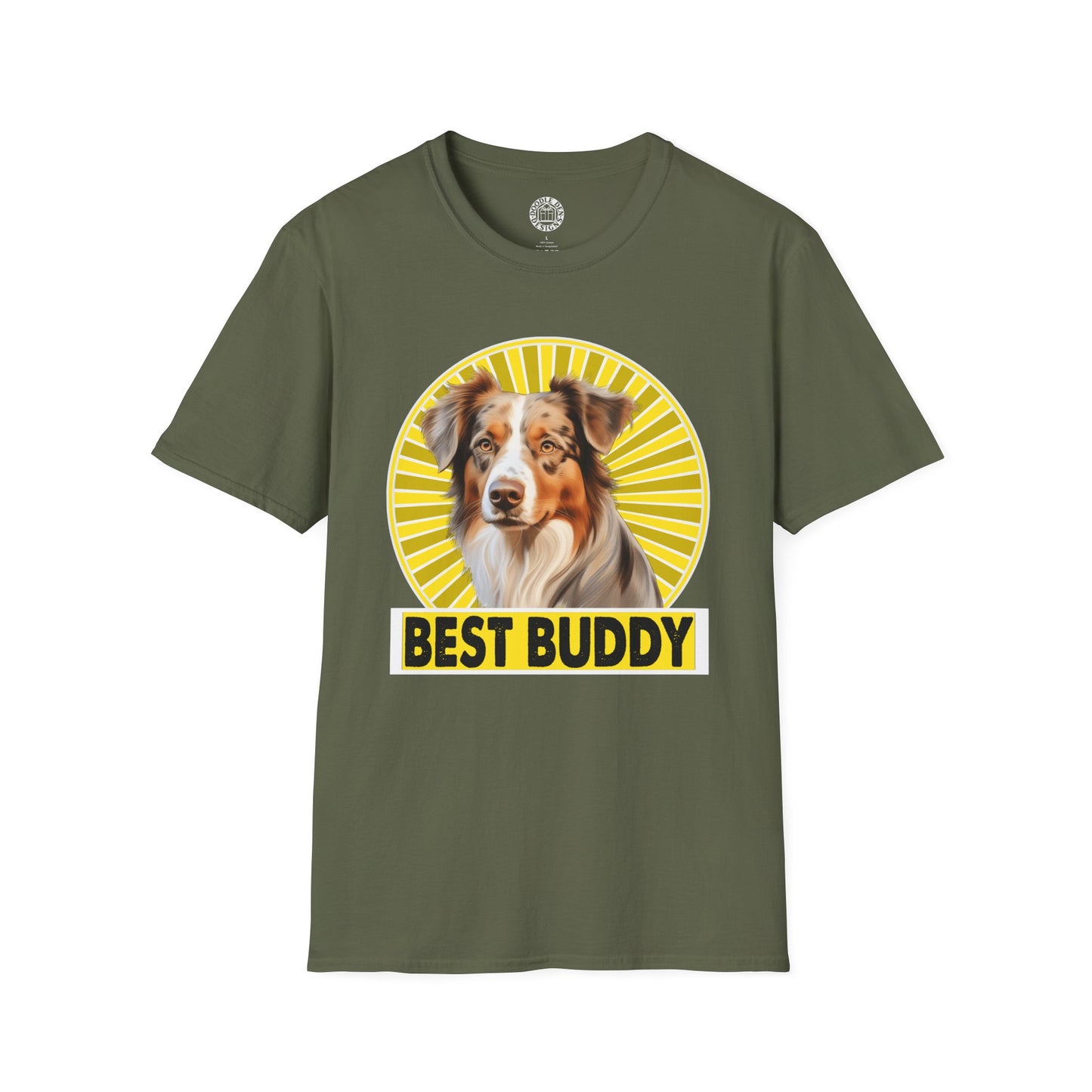 Green t-shirt with a Australian Shepherd dog graphic and 'Best Buddy' text on a white background