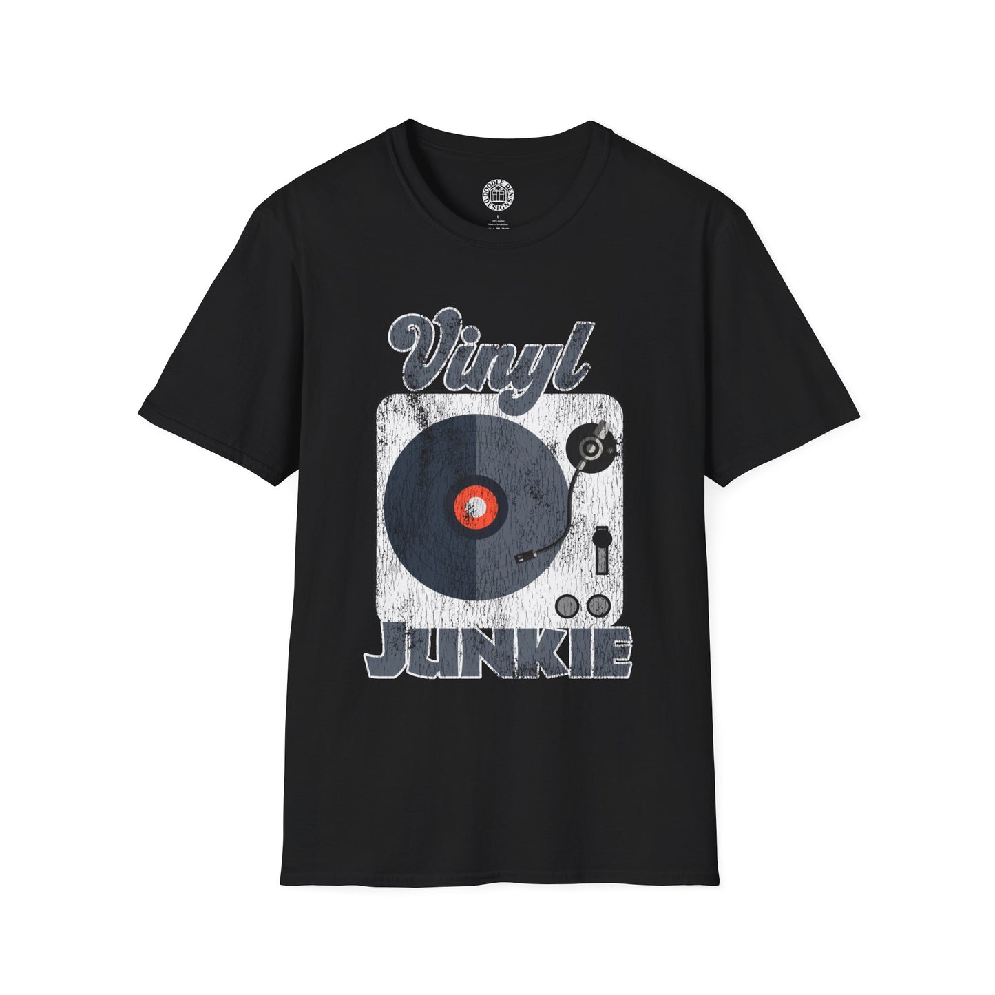 Black t-shirt with vinyl record design and 'Vinyl Junkie' text on a white background