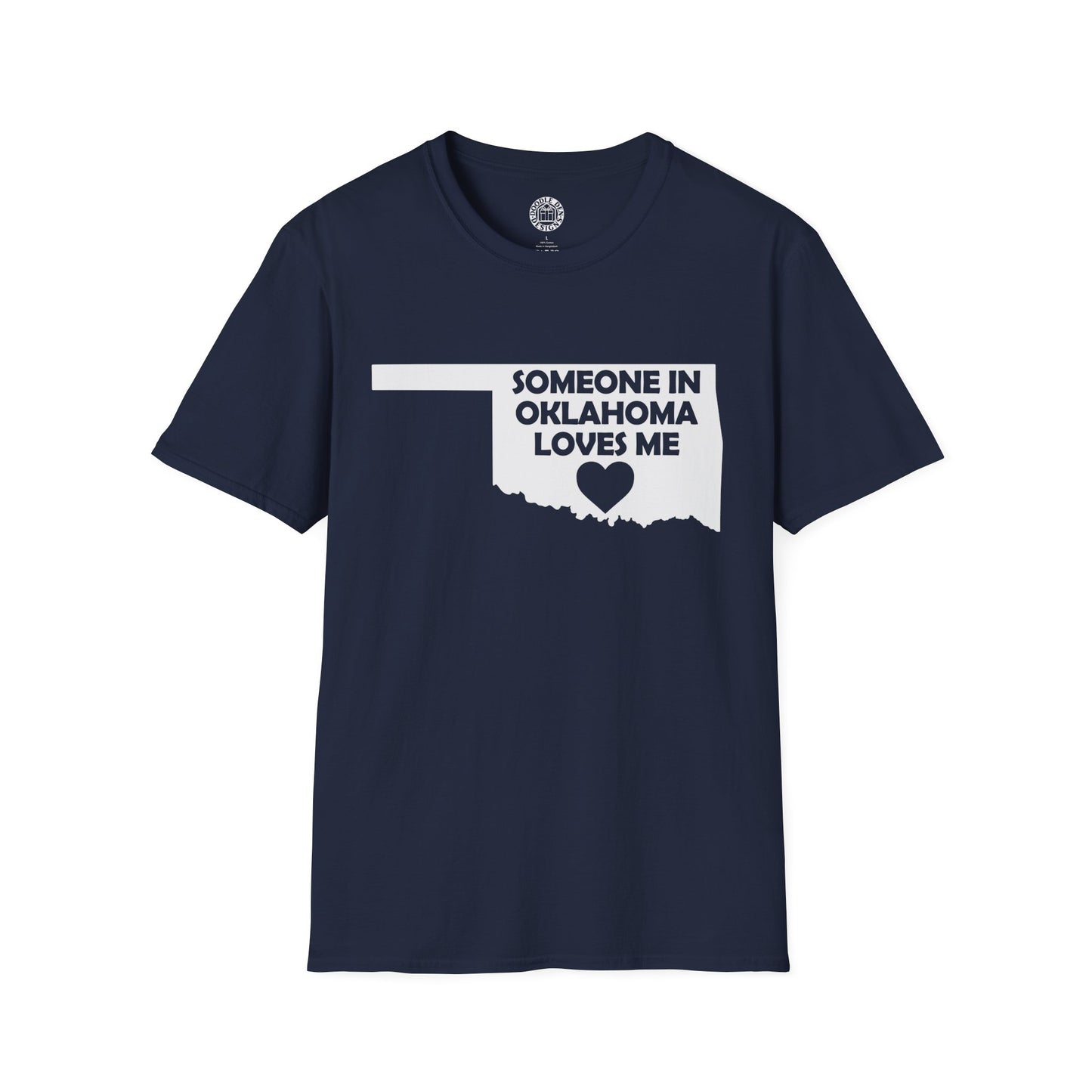 Navy blue t-shirt with 'Someone in Oklahoma loves me' graphic on a white background