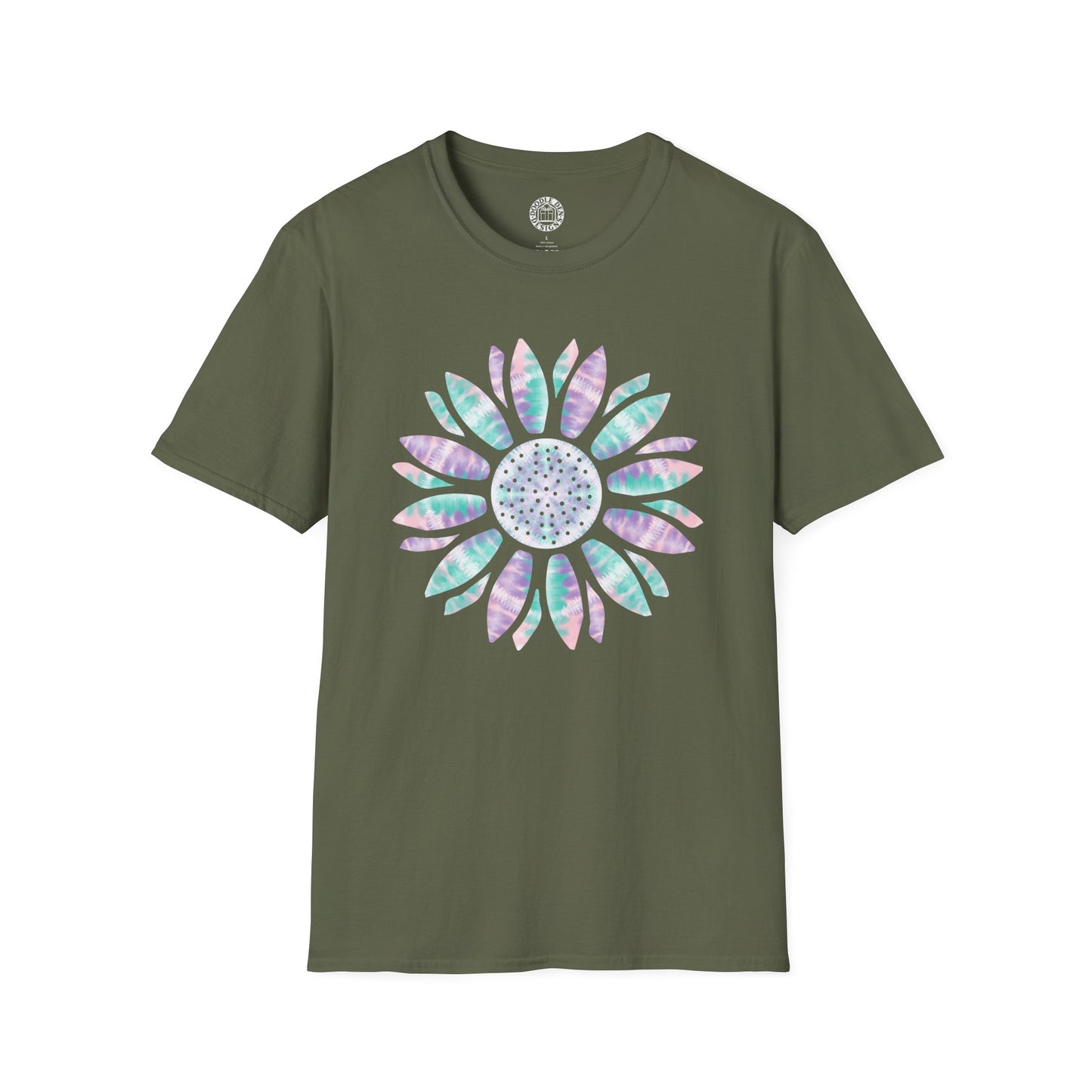 Green t-shirt with a colorful sunflower flower design on a white background