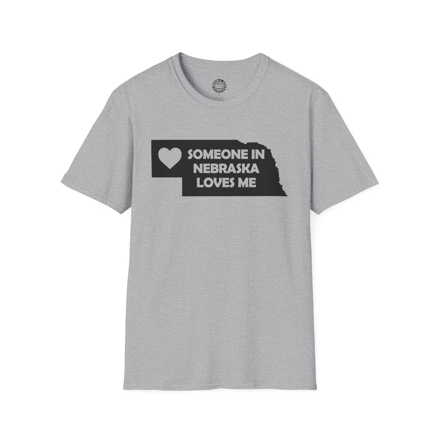 Gray t-shirt with 'Someone in Nebraska loves me' design on a white background