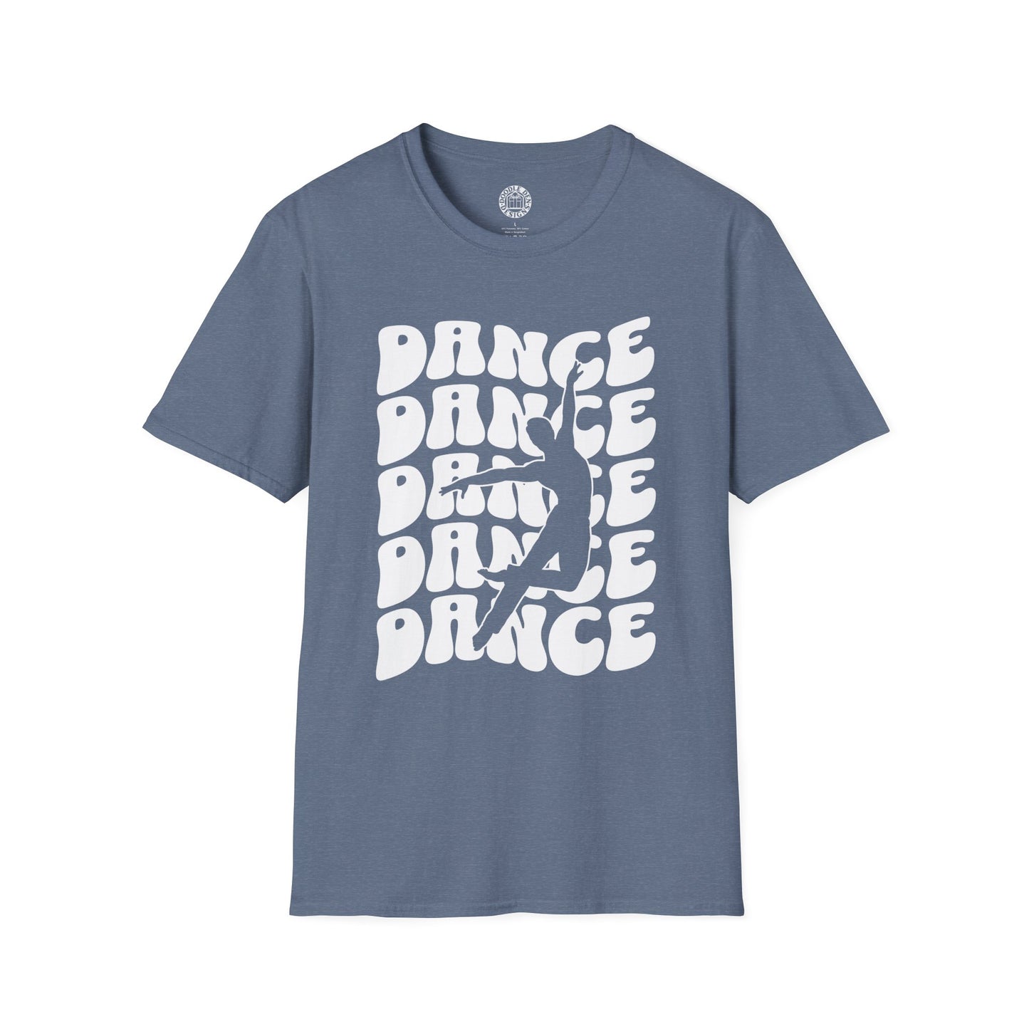 Blue t-shirt with 'DANCE' text and dancer silhouette on a white background