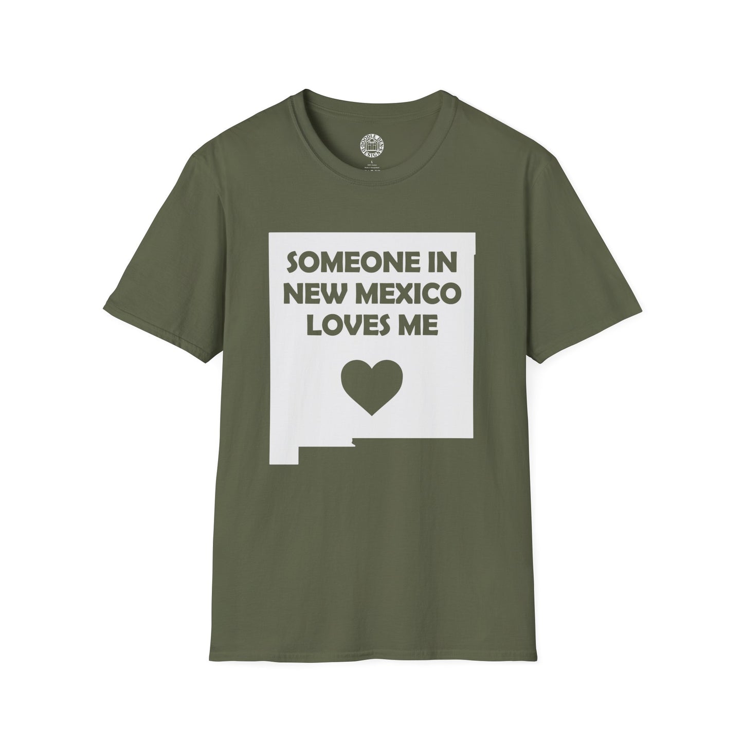 Green t-shirt with 'Someone in New Mexico loves me' text and heart graphic on a white background