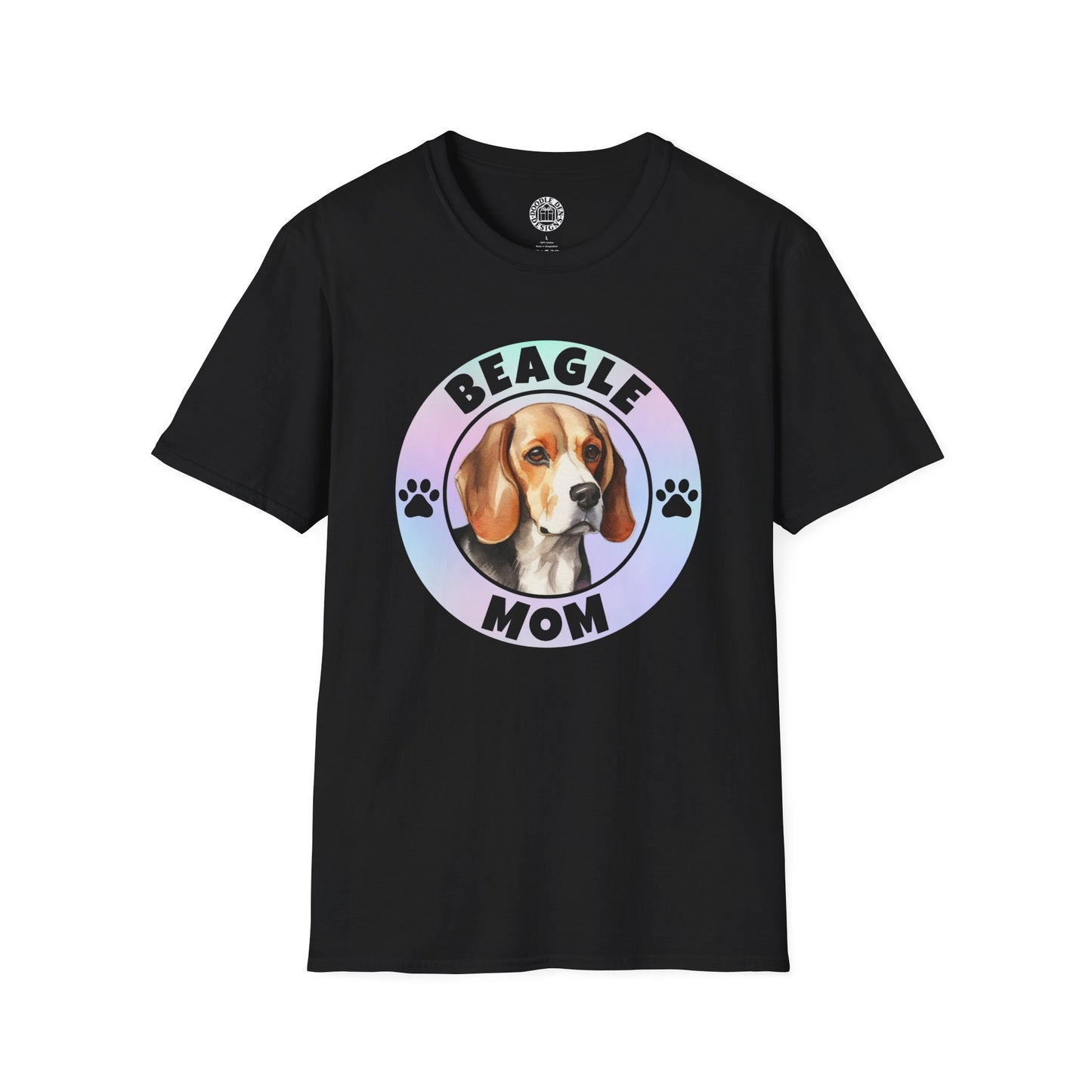 Black t-shirt with a beagle graphic and 'Beagle Mom' text on a white background