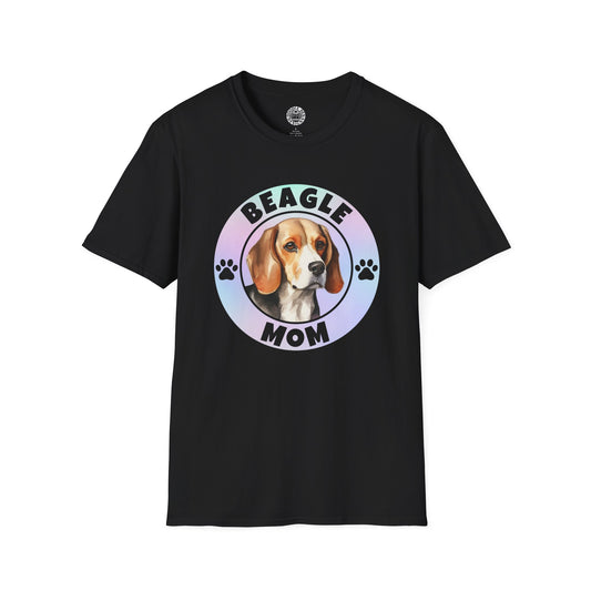 Black t-shirt with a beagle graphic and 'Beagle Mom' text on a white background