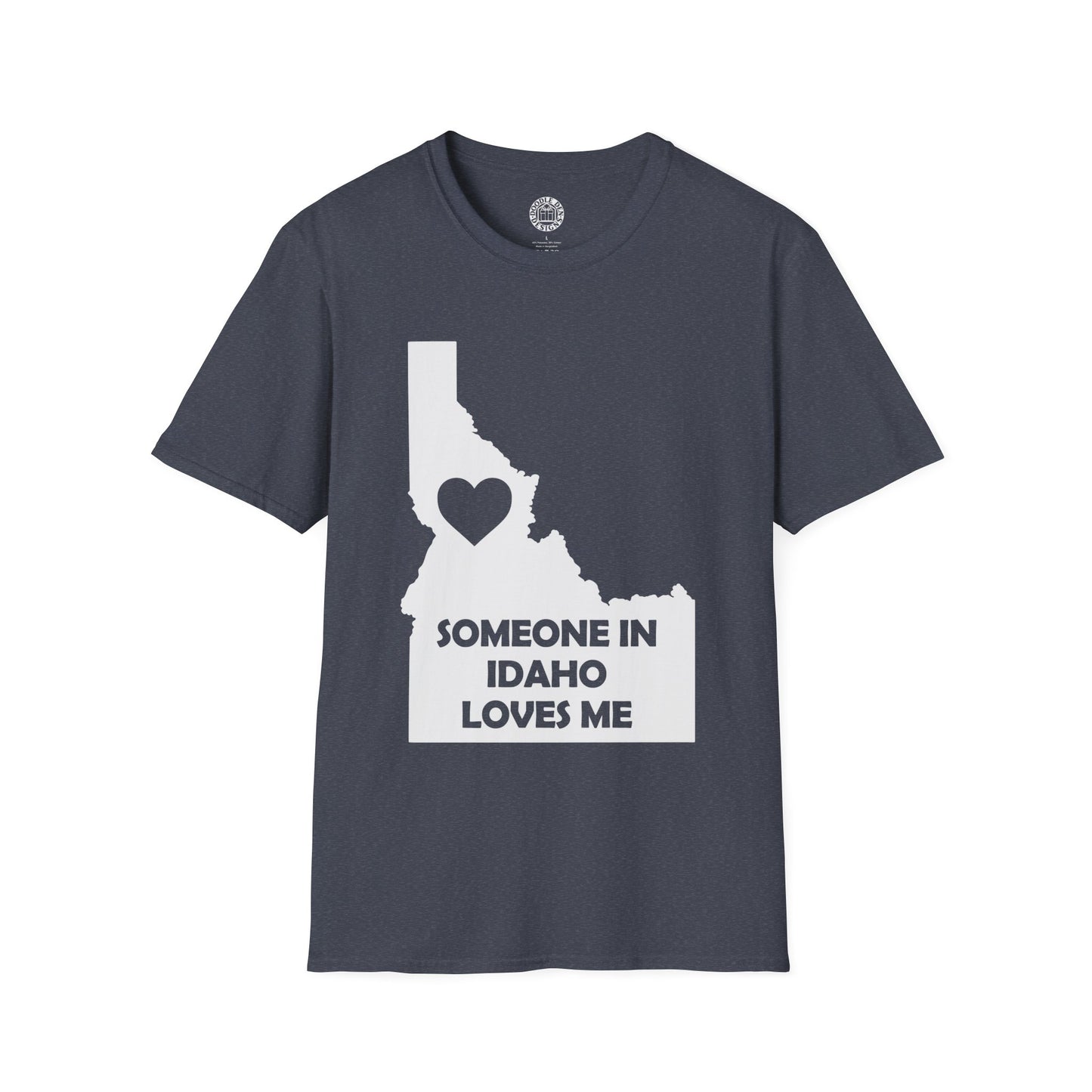 Navy blue t-shirt with Idaho map and heart design on a white background