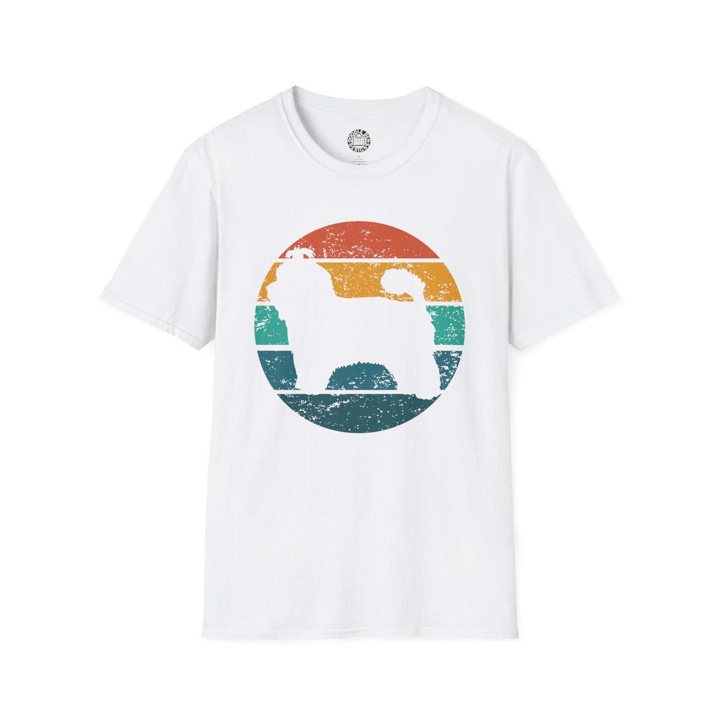 White t-shirt with a colorful graphic of a Maltese dog on a white background