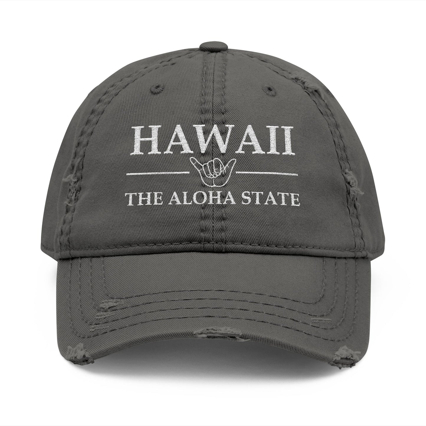 Gray cap with 'HAWAII THE ALOHA STATE' text  embroidered in white thread