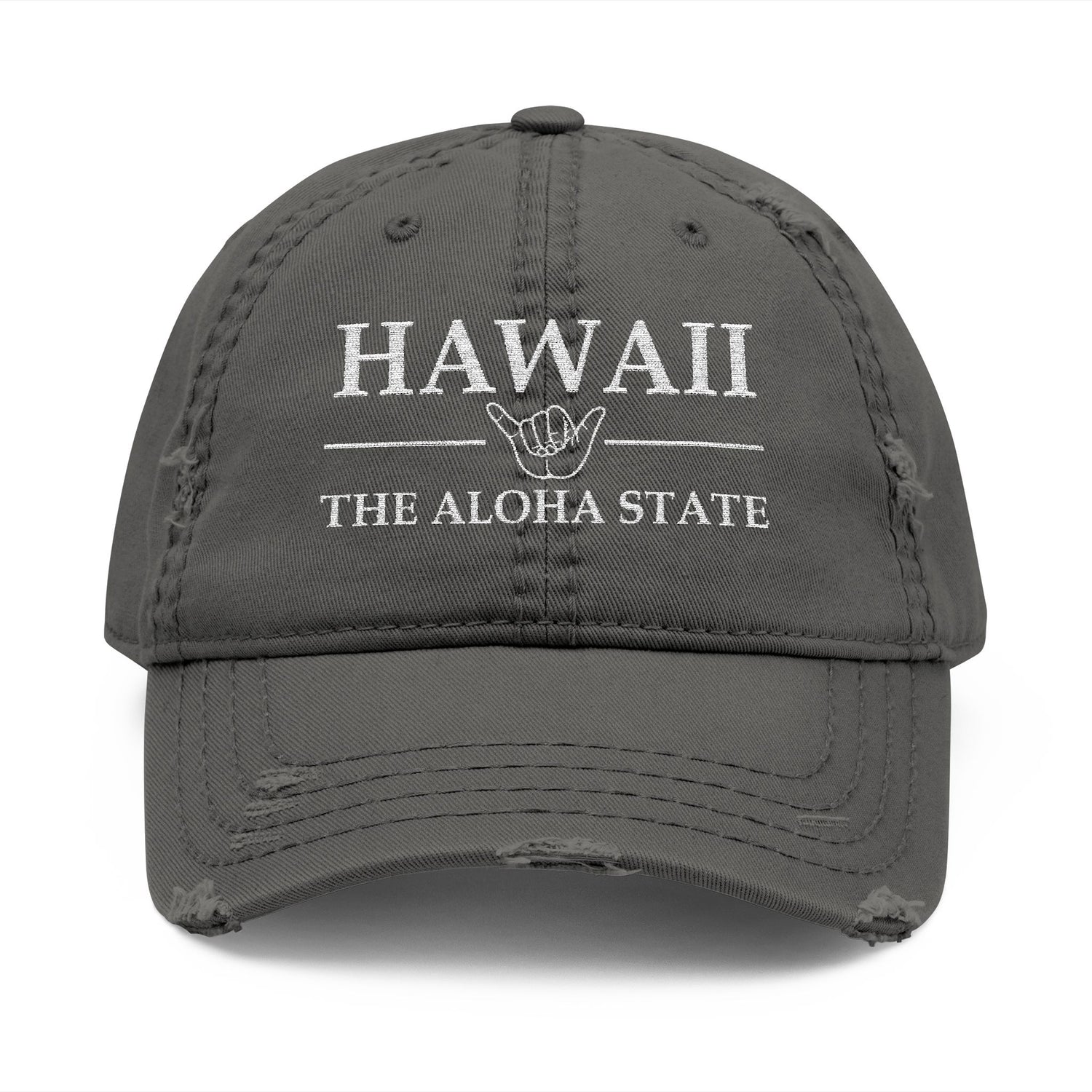 Gray cap with 'HAWAII THE ALOHA STATE' text  embroidered in white thread