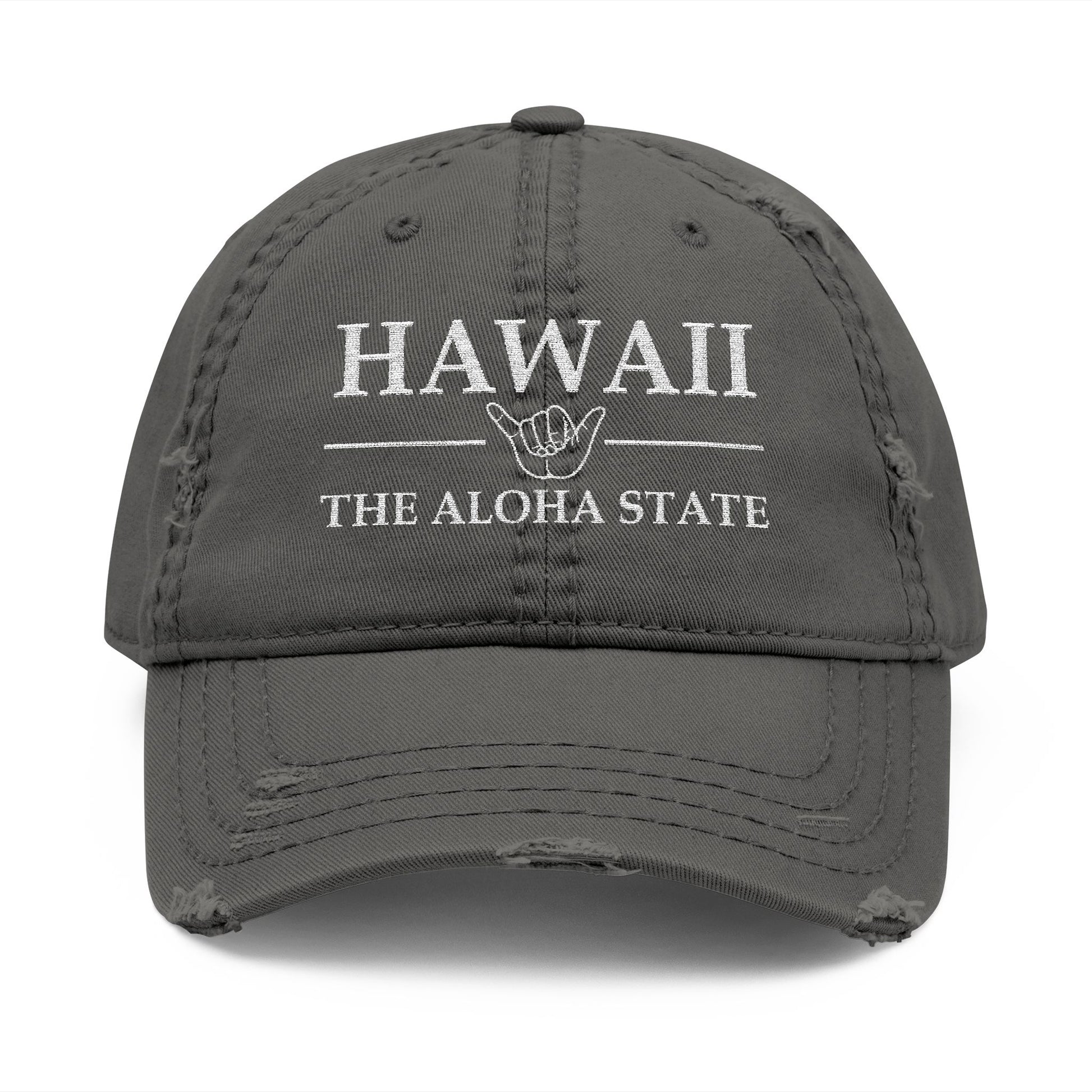 Gray cap with 'HAWAII THE ALOHA STATE' text  embroidered in white thread