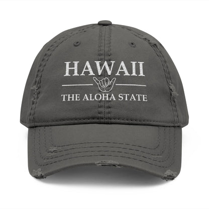 Gray cap with 'HAWAII THE ALOHA STATE' text  embroidered in white thread