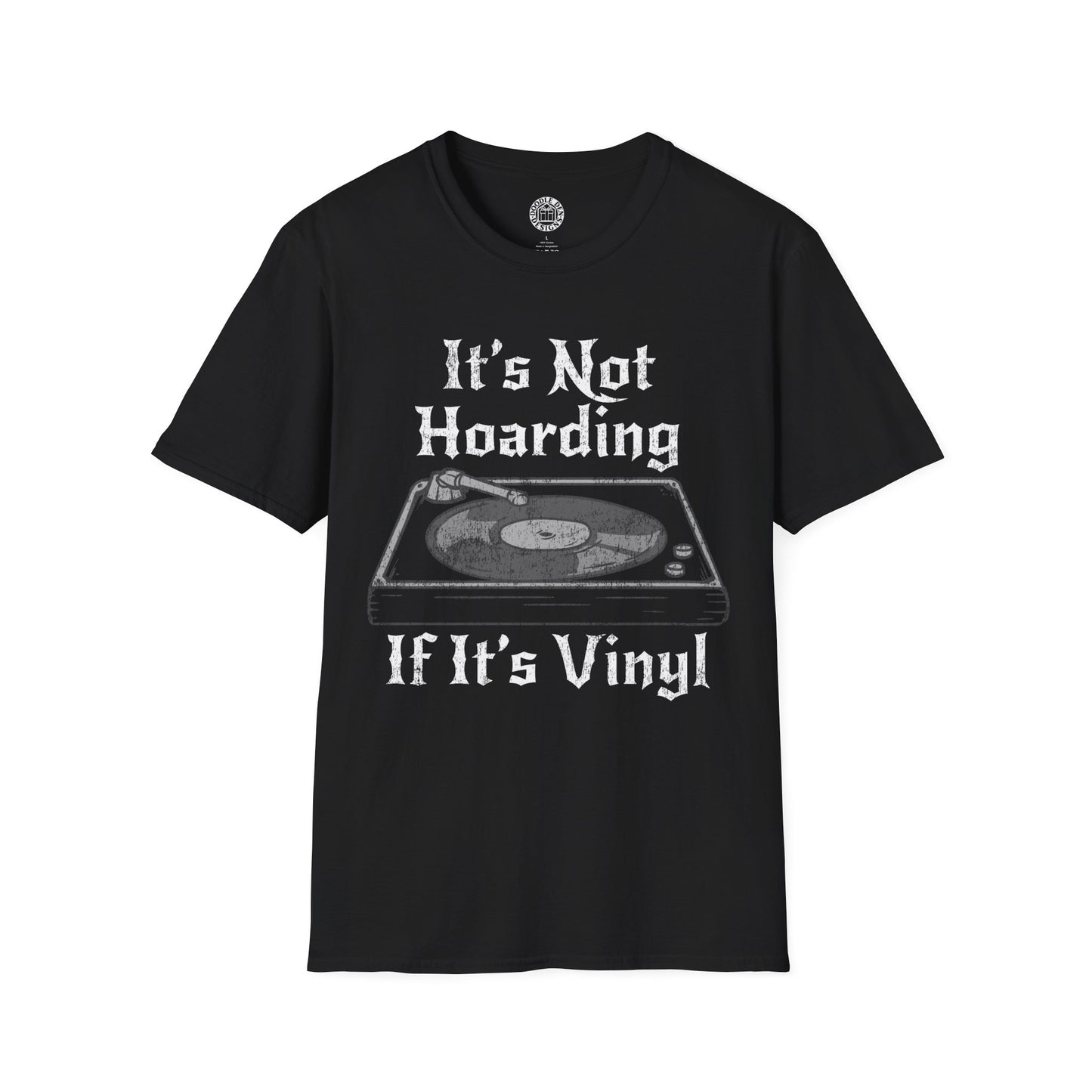 Black t-shirt with vinyl record design and text on a white background It's not hoarding if it's vinyl