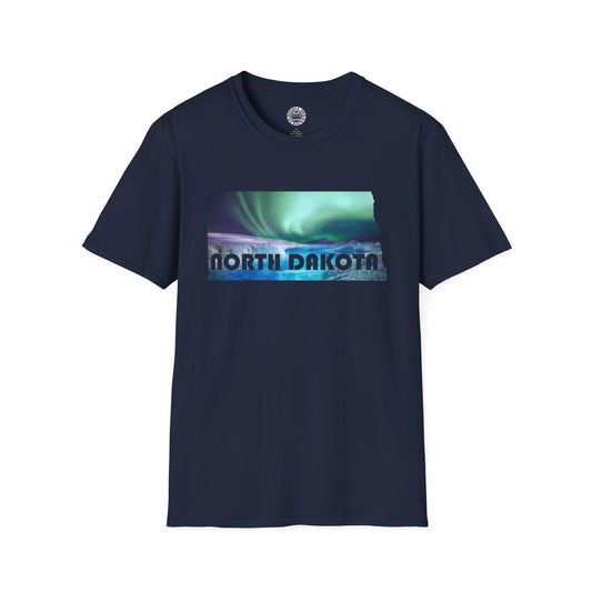 Navy blue t-shirt with a graphic of North Dakota and a green Northern Lights-like design on a white background.