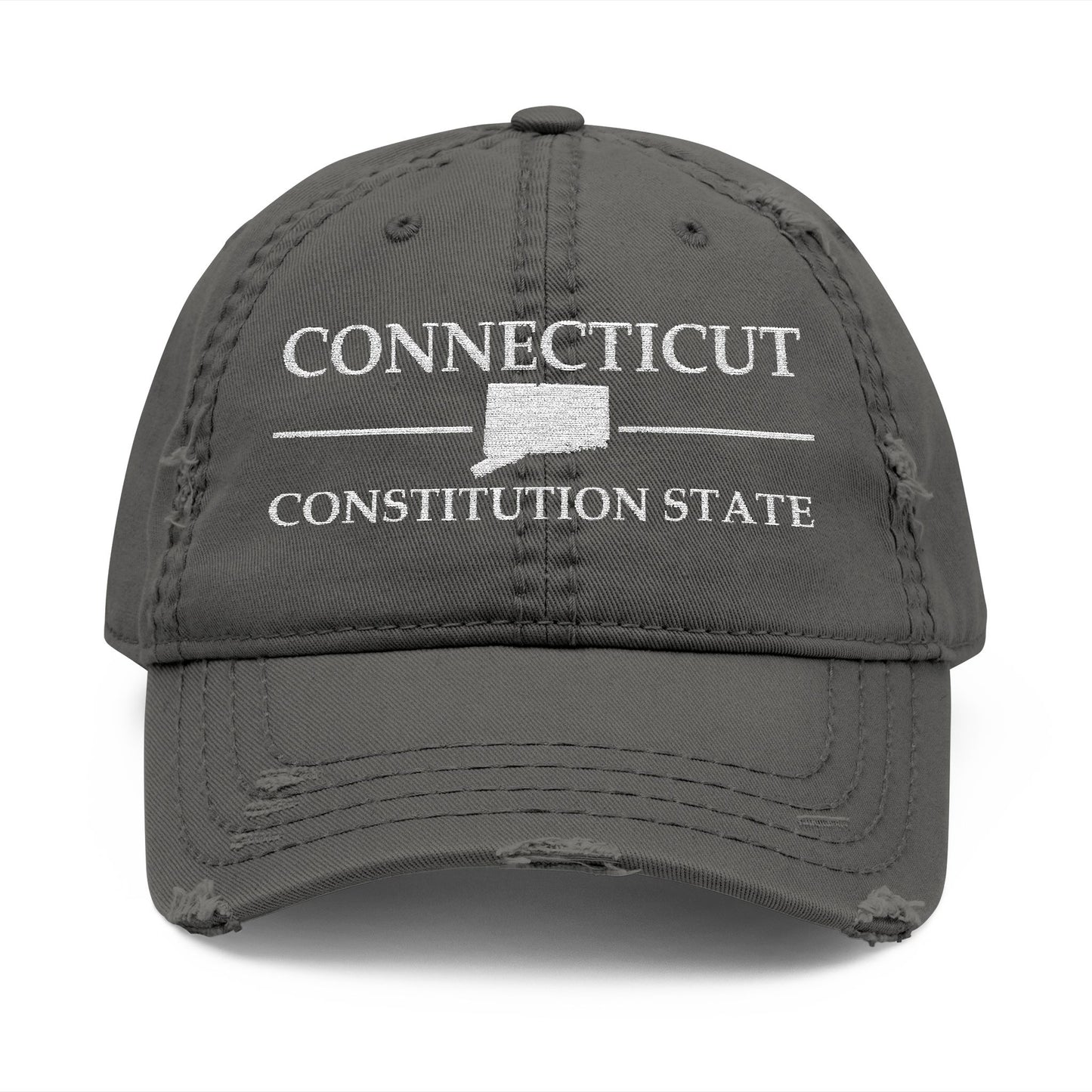 Gray cap with 'Connecticut Constitution State' text  embroidered in white thread