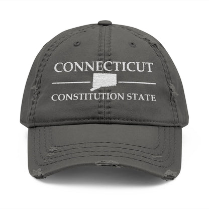 Gray cap with 'Connecticut Constitution State' text  embroidered in white thread