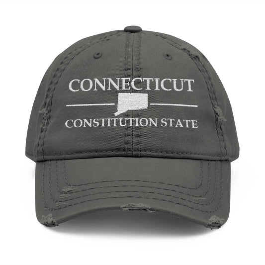 Gray cap with 'Connecticut Constitution State' text  embroidered in white thread