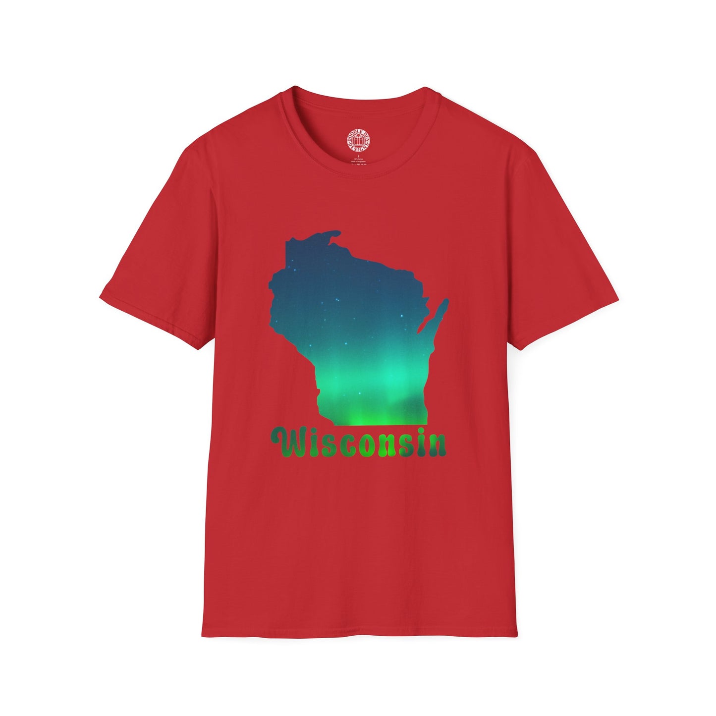 Red t-shirt with a green and blue 'Wisconsin' graphic on a white background