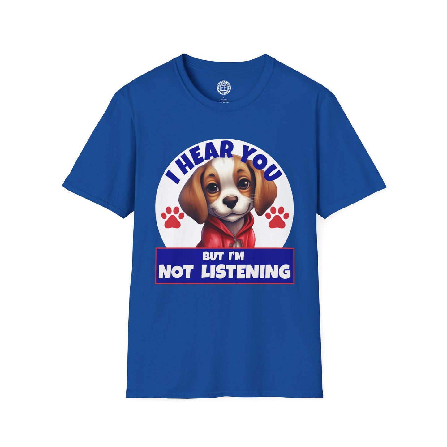 Blue t-shirt with a Beagle dog graphic and text on a white background