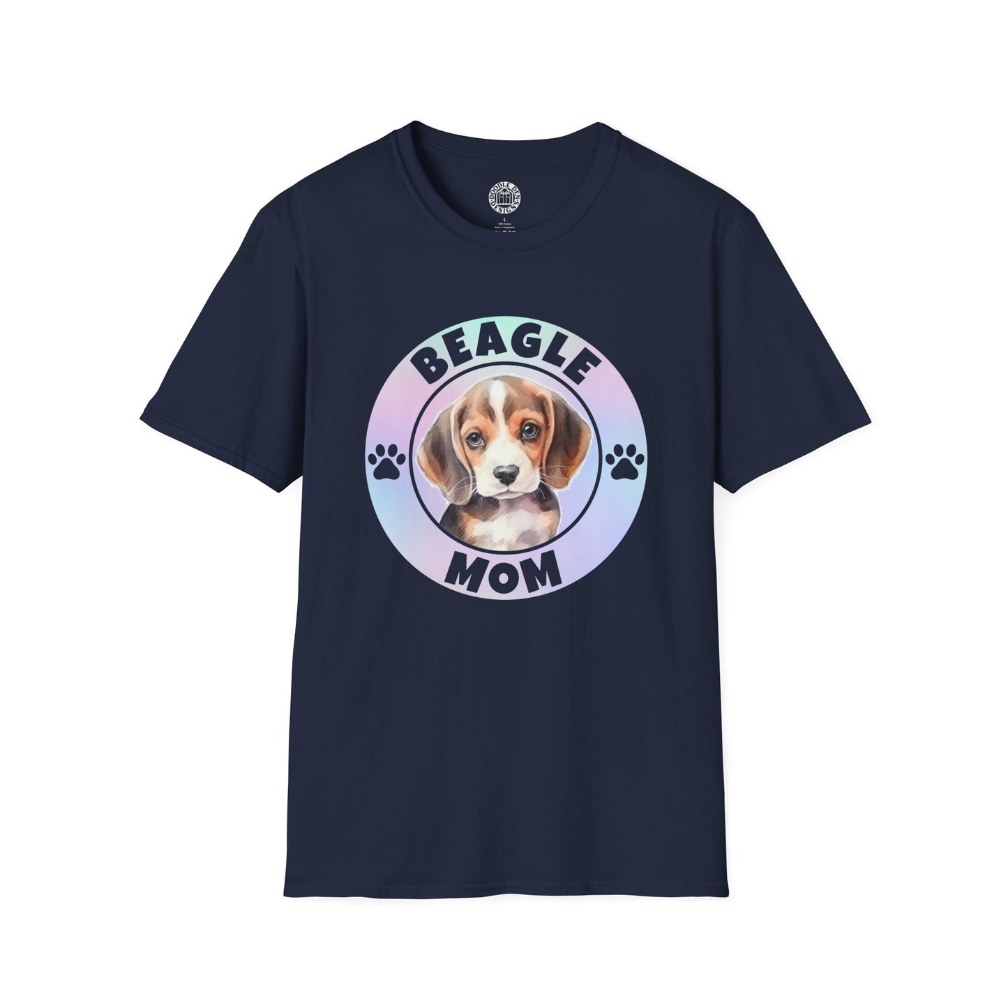 Navy blue t-shirt with a beagle graphic and 'Beagle Mom' text on a white background