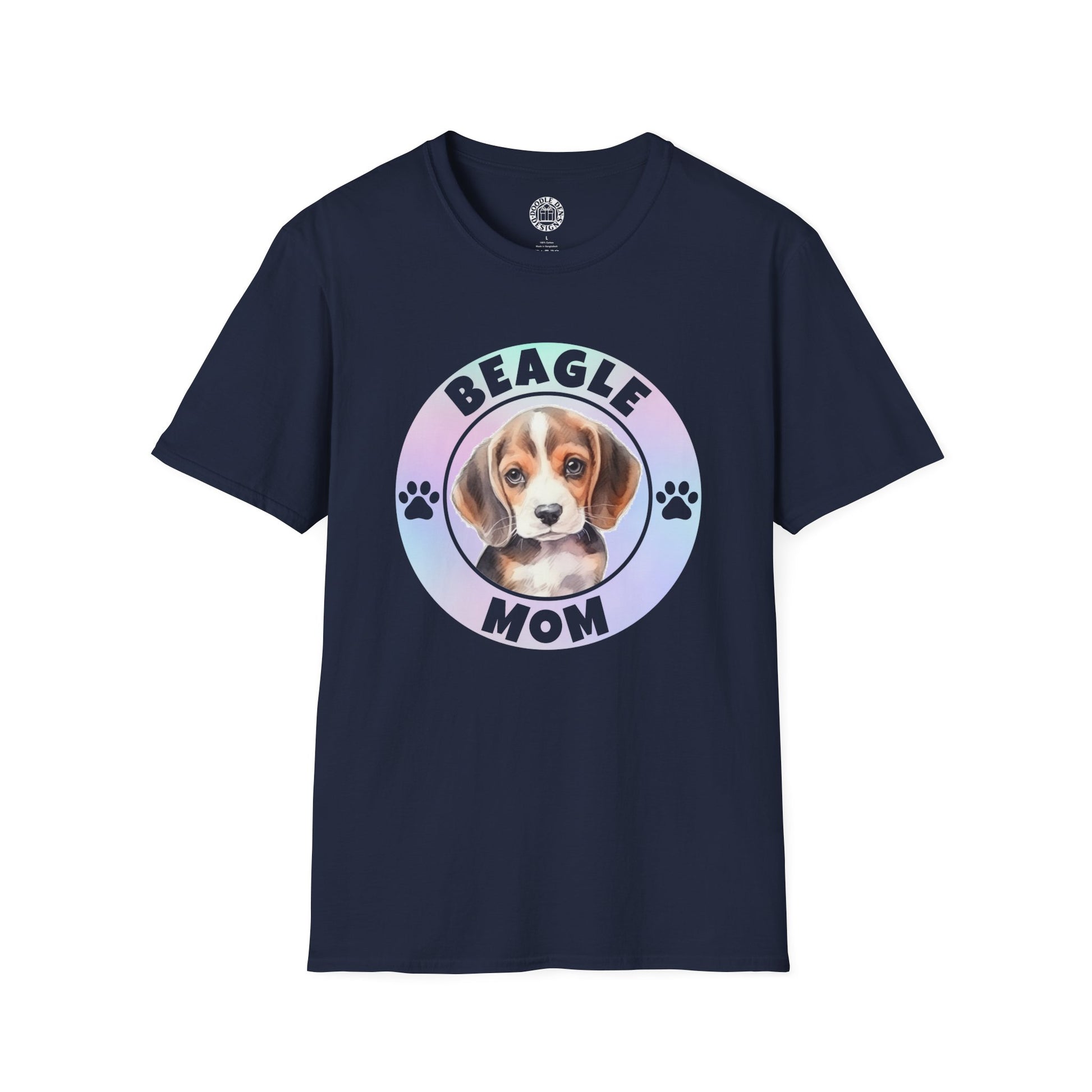 Navy blue t-shirt with a beagle graphic and 'Beagle Mom' text on a white background