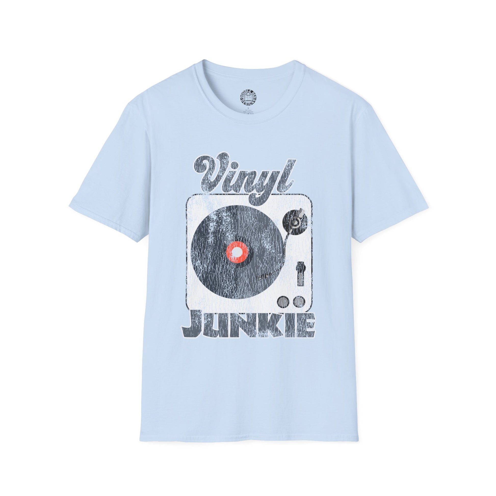 Light blue t-shirt with 'Vinyl Junkie' graphic on a white background