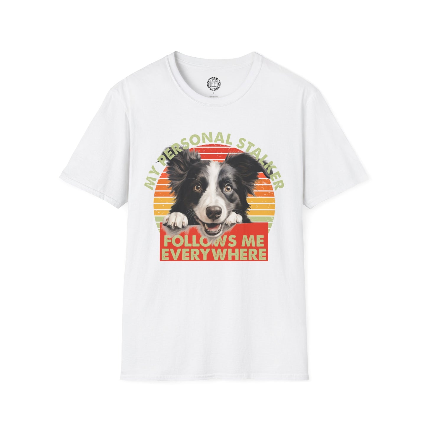 White t-shirt with a border collie dog graphic and text on a white background