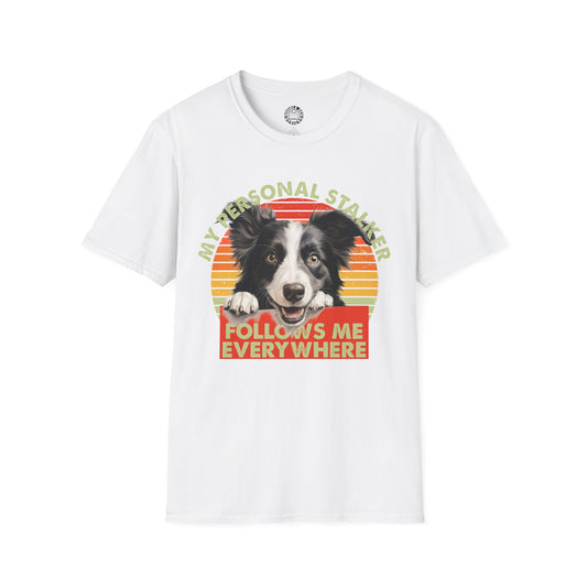 White t-shirt with a border collie dog graphic and text on a white background