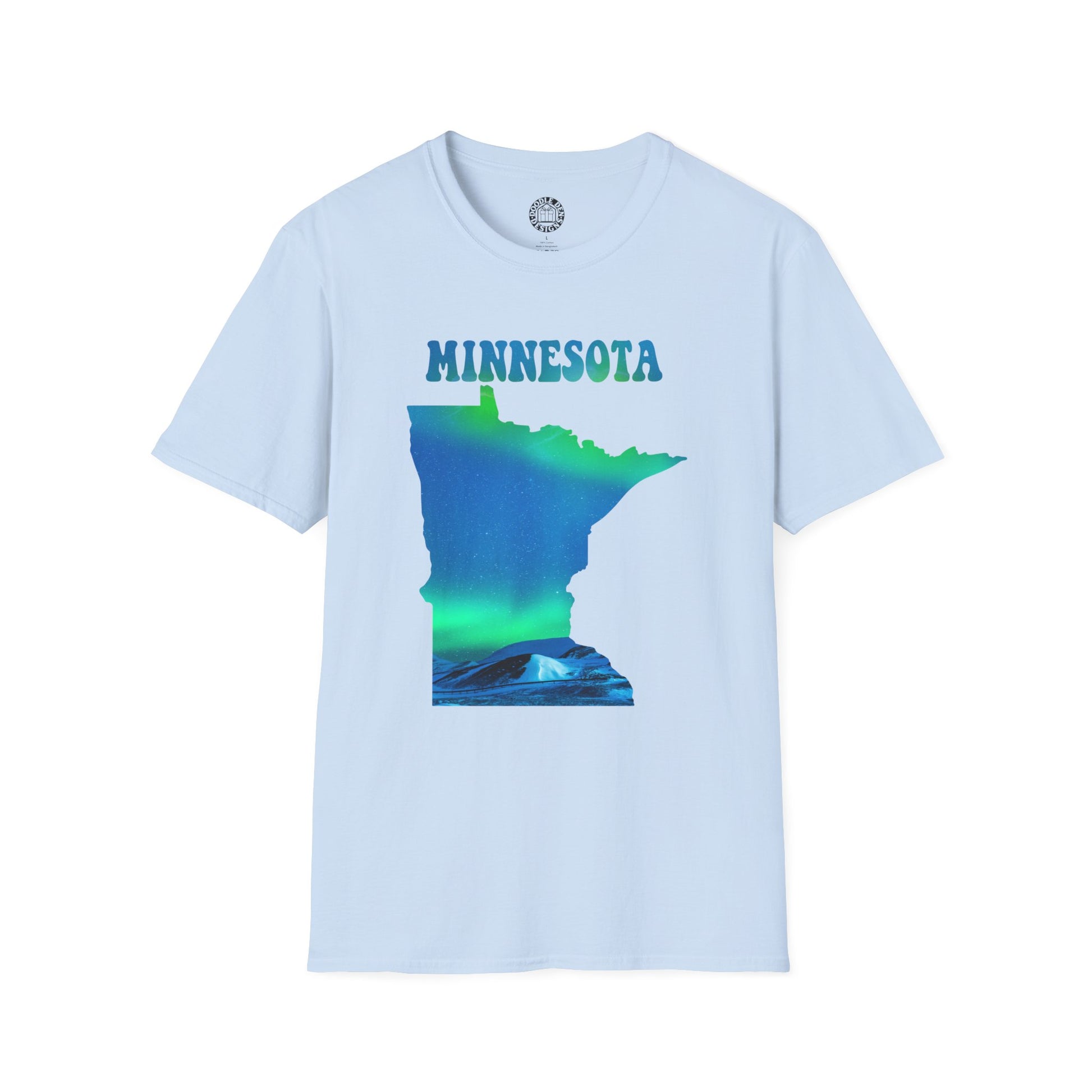 Light blue t-shirt with Minnesota state outline graphic and 'MINNESOTA' text on a white background northern lights aurora borealis