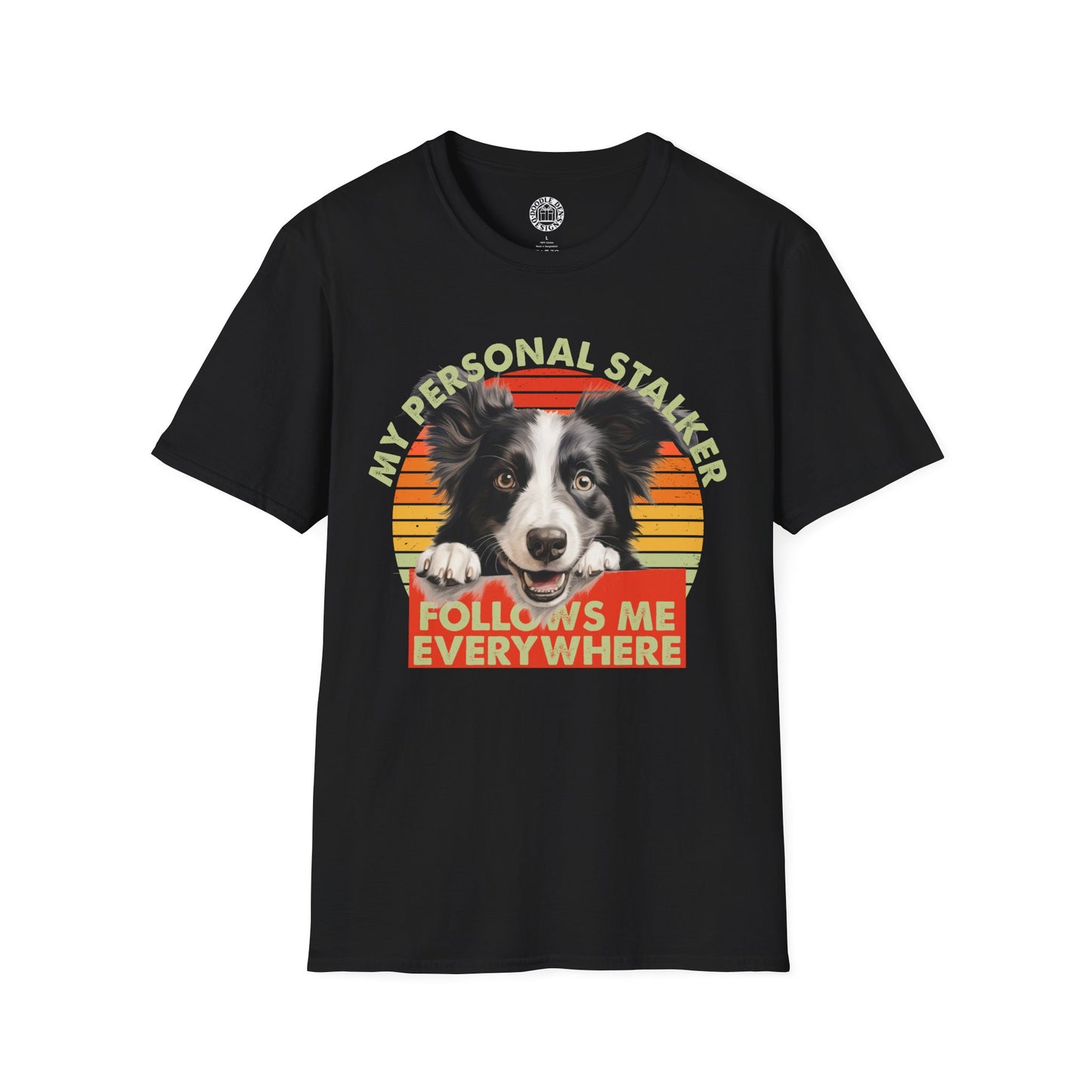 Black t-shirt with a border collie dog graphic and text on a white background
