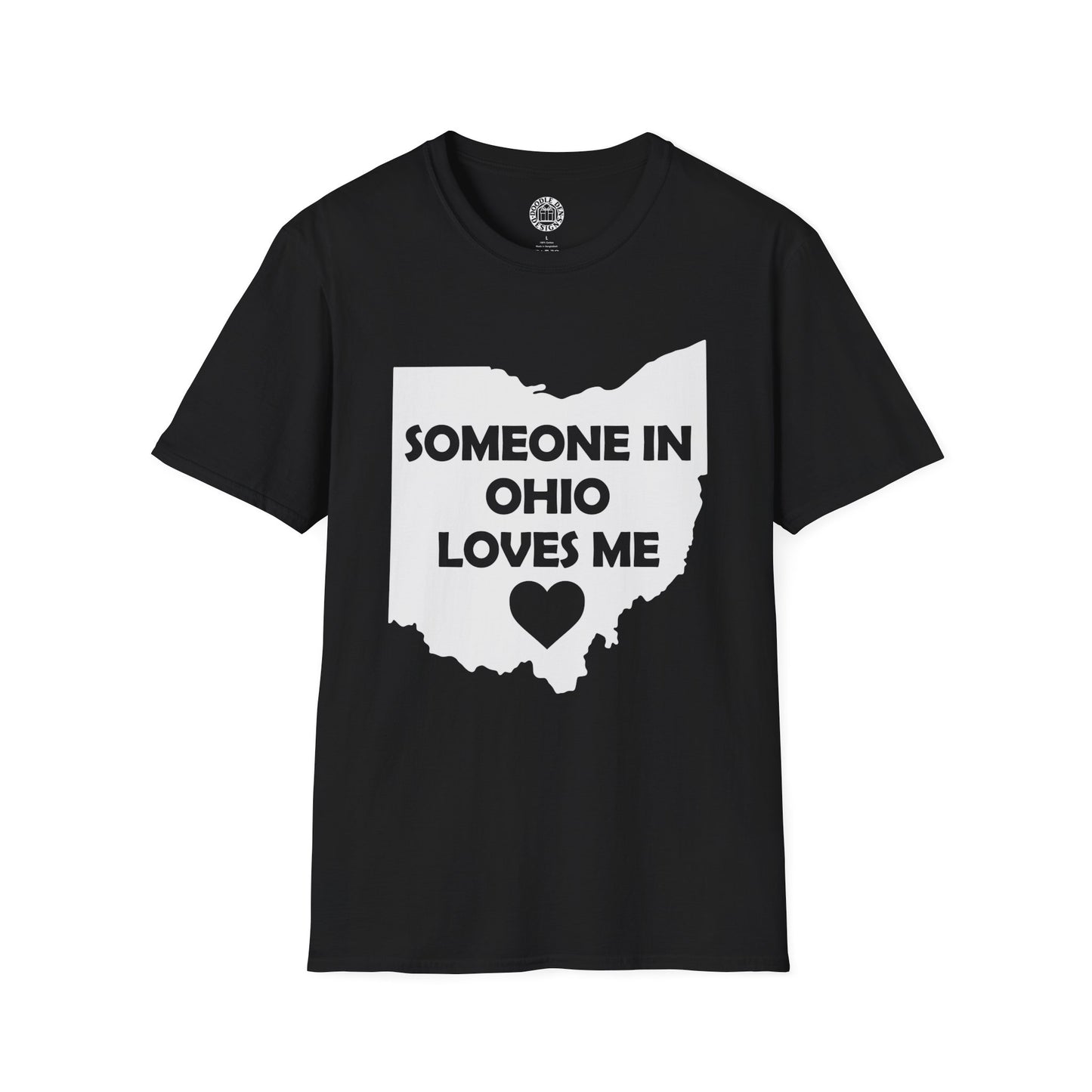 Black t-shirt with 'Someone in Ohio loves me' graphic on a white background