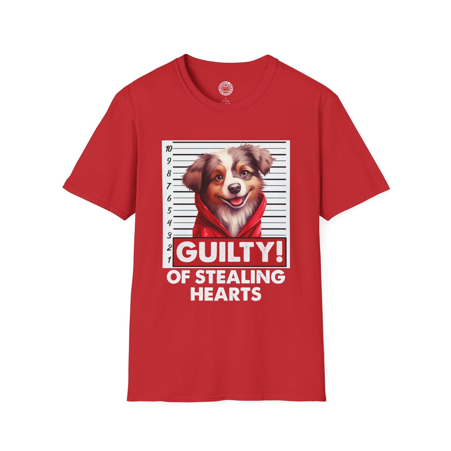Red t-shirt with a Australian Shepherd dog graphic and text 'Guilty! Of Stealing Hearts' on a white background