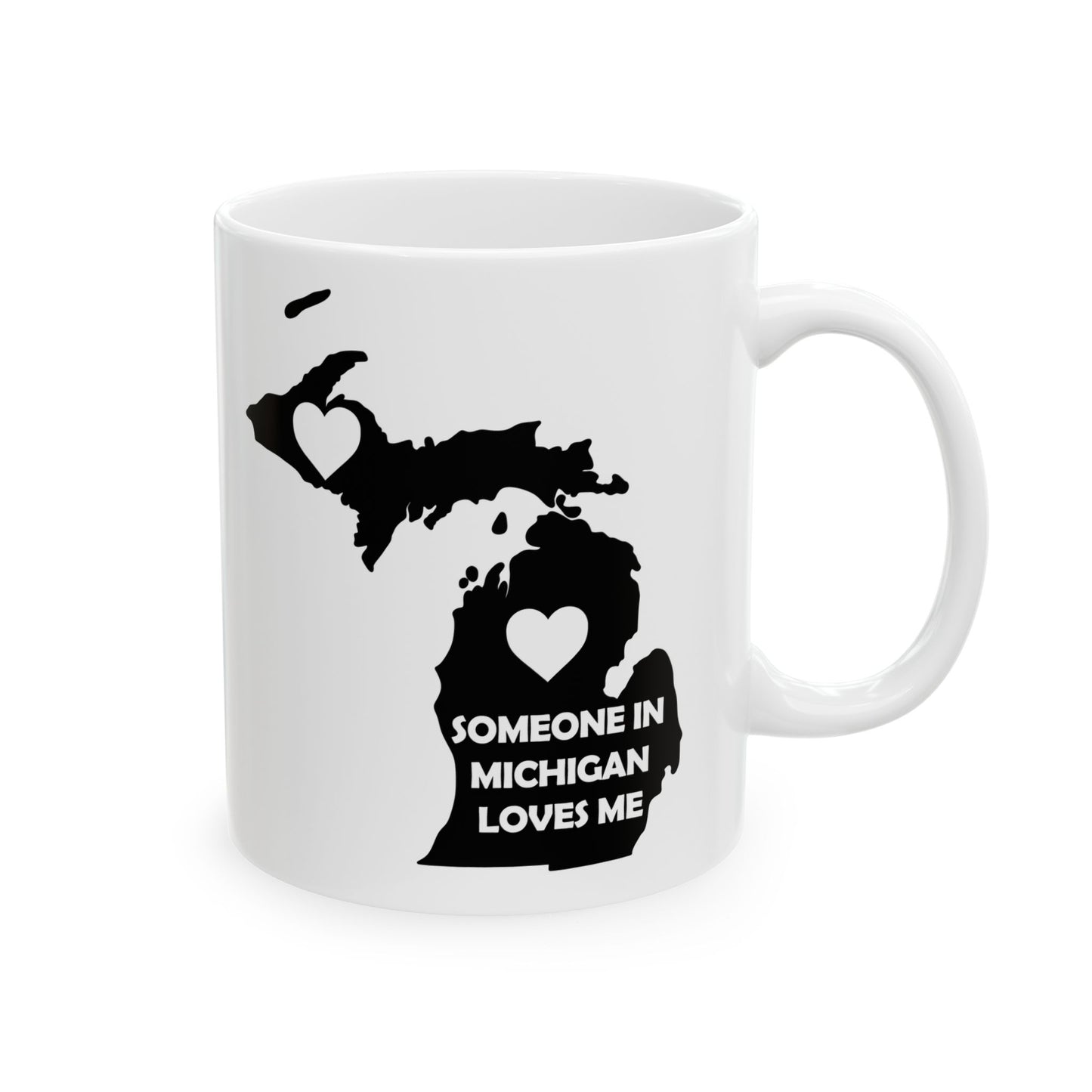 White mug with black map of Michigan and text 'Someone in Michigan loves me' on a white background