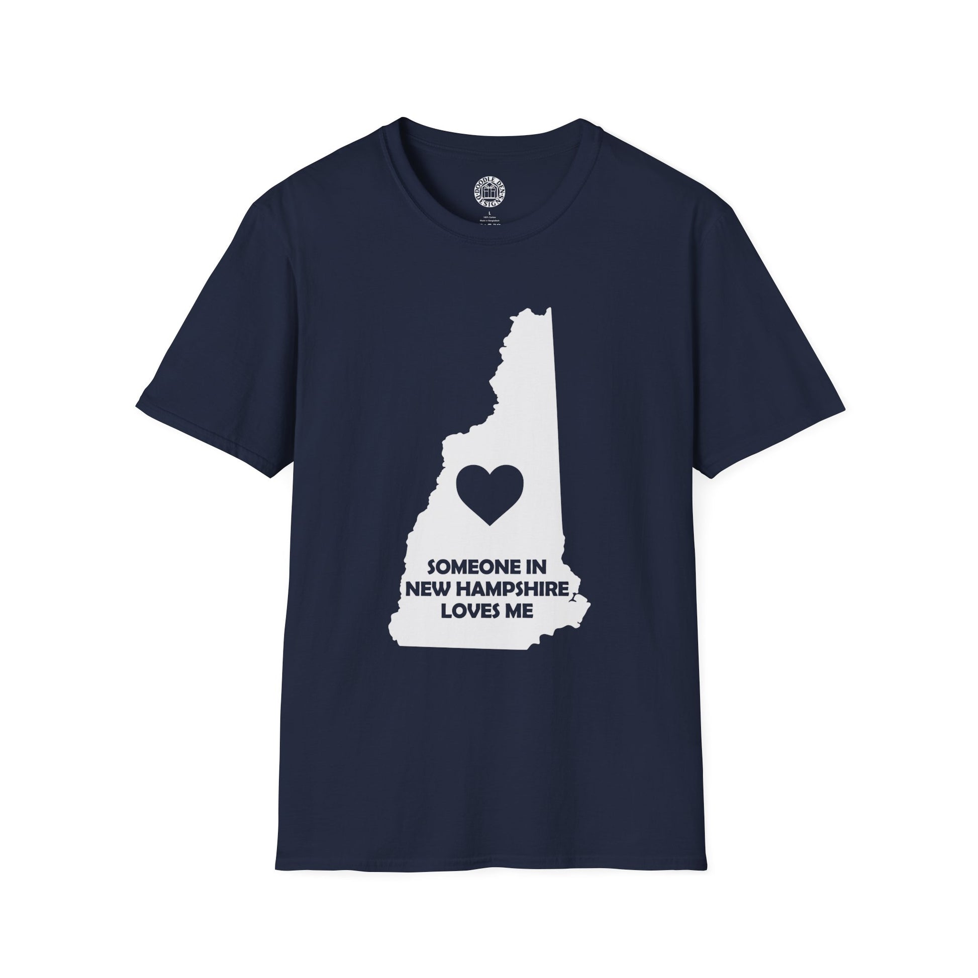 Navy blue t-shirt with white state outline of New Hampshire and heart design on a white background with text  Someone In New Hampshire Loves Me