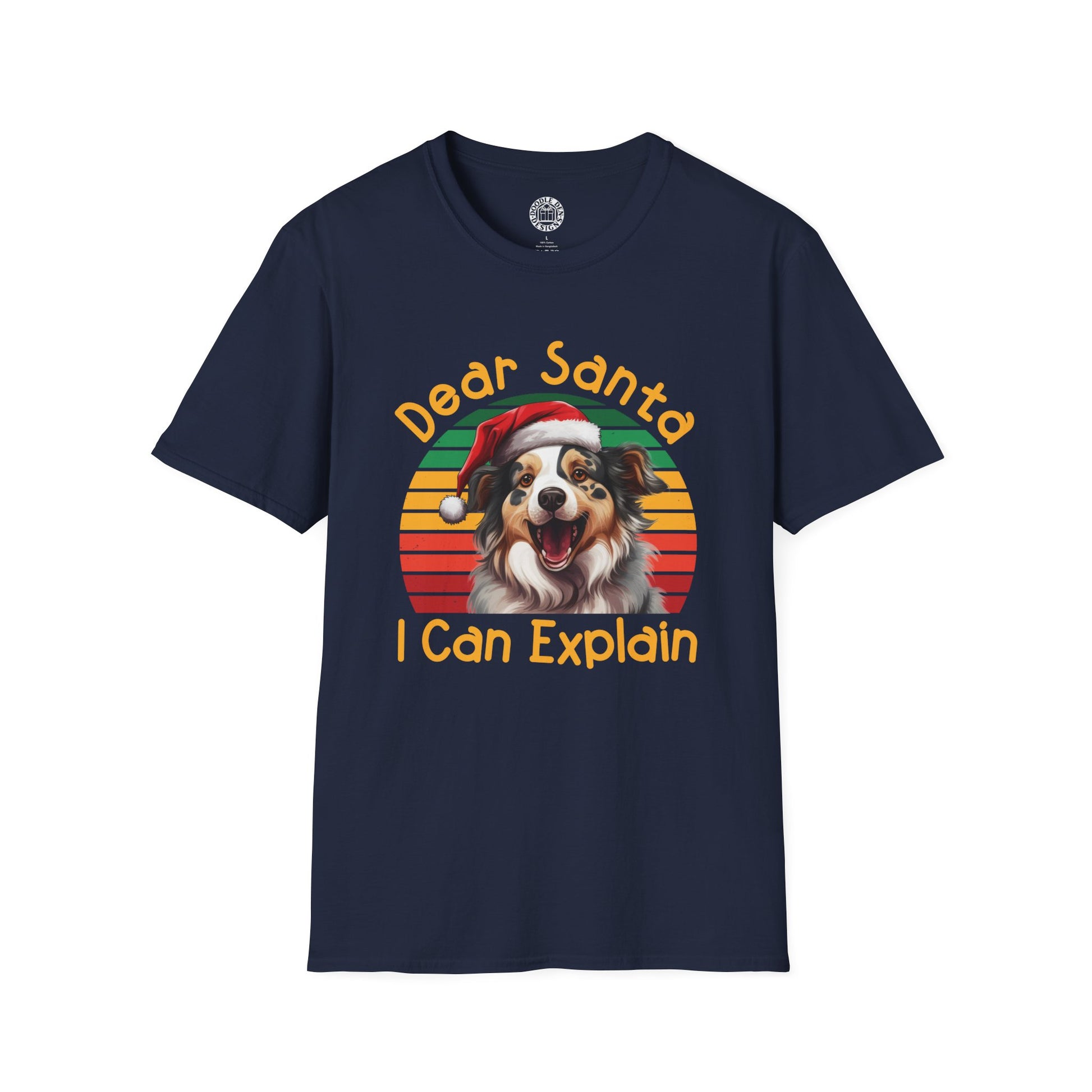Navy blue t-shirt with a Australian Shepherd dog wearing a Santa hat and text 'Dear Santa I Can Explain' on a white background