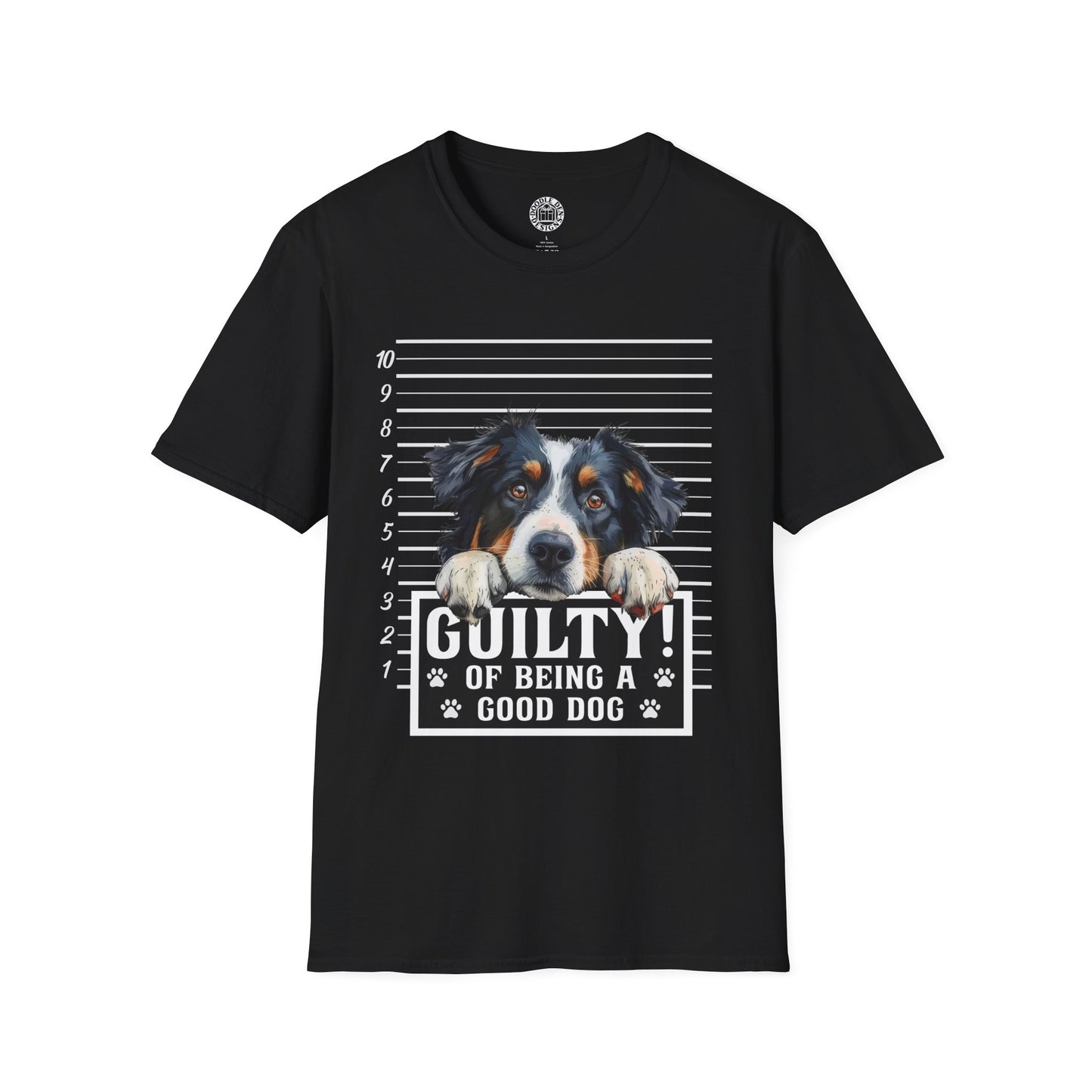 Black t-shirt with a Australian Shepherd dog graphic and text on a white background