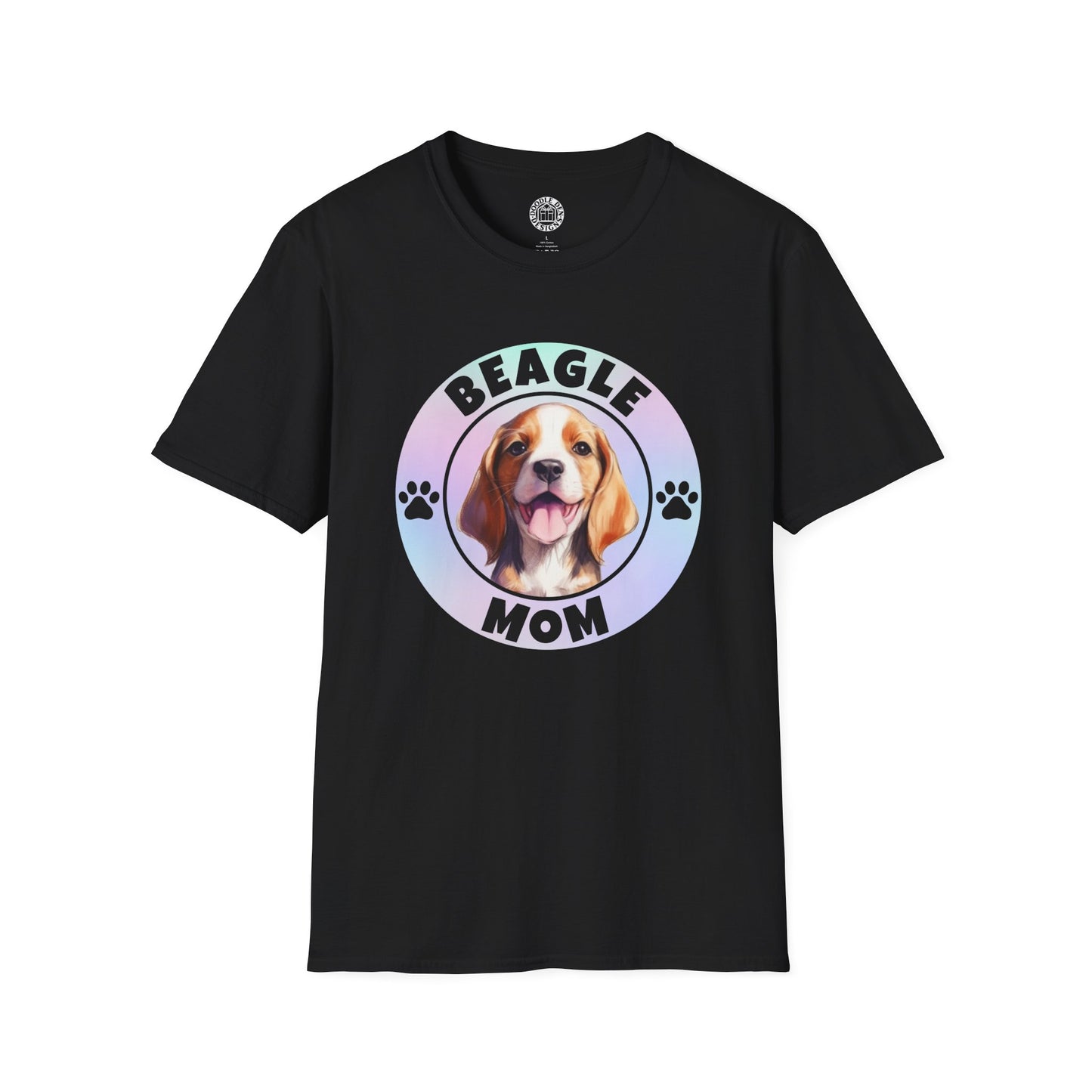 Black t-shirt with a beagle graphic and 'Beagle Mom' text on a white background