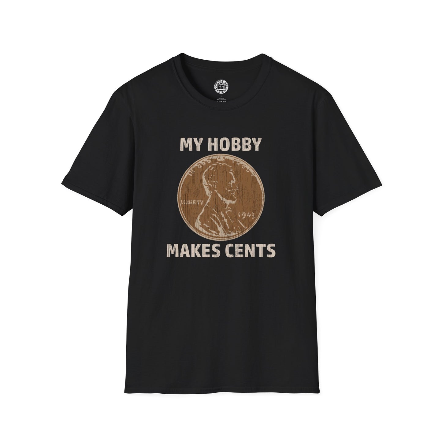 Black t-shirt with a penny graphic and text on a white background for coin collectors