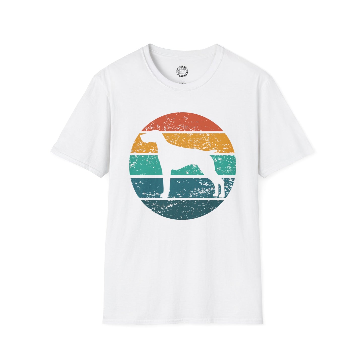 White t-shirt with a colorful graphic of a German Shorthaired Pointer dog on a white background
