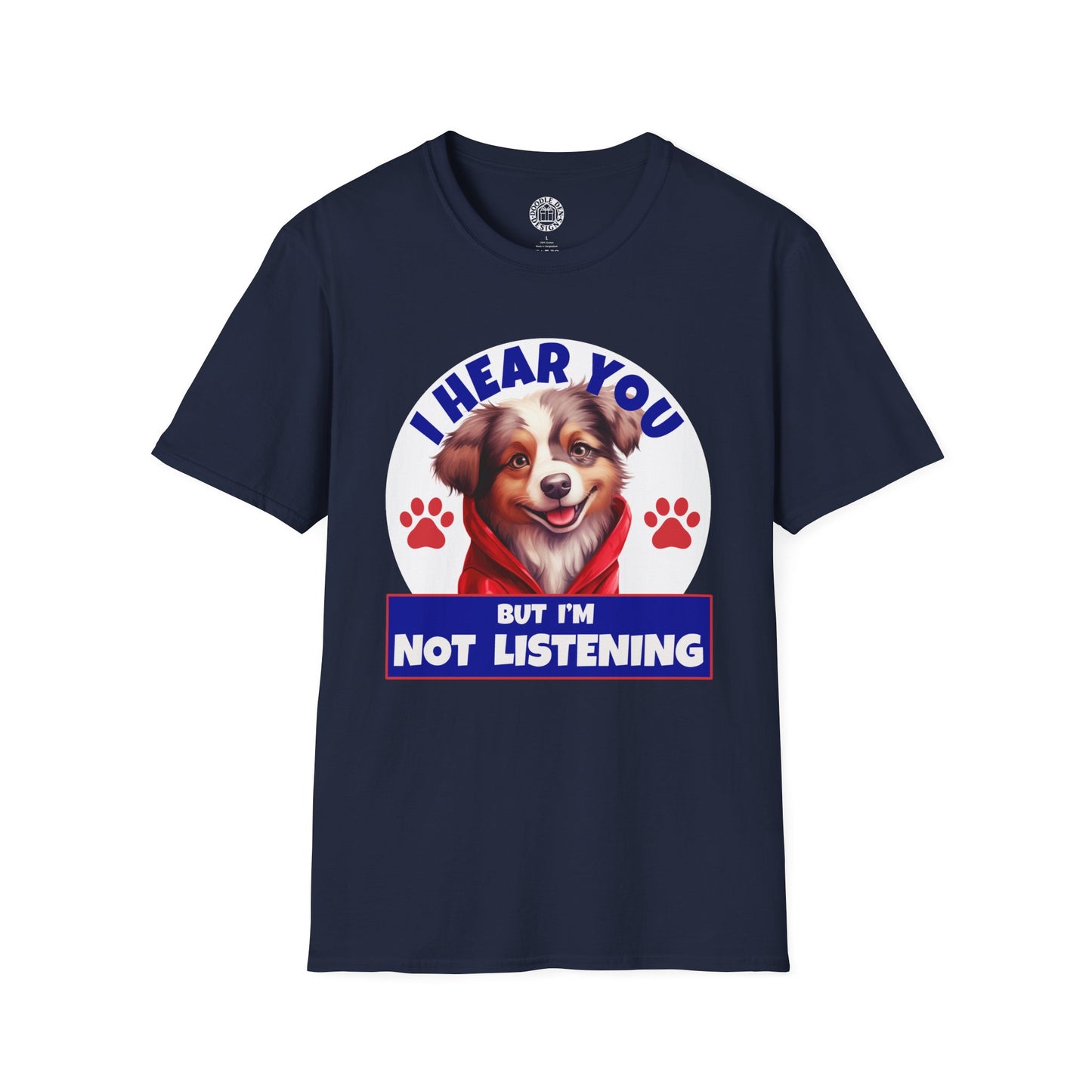 Navy blue t-shirt with a Australian Shepherd dog graphic and text on a white background