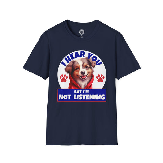 Navy blue t-shirt with a Australian Shepherd dog graphic and text on a white background