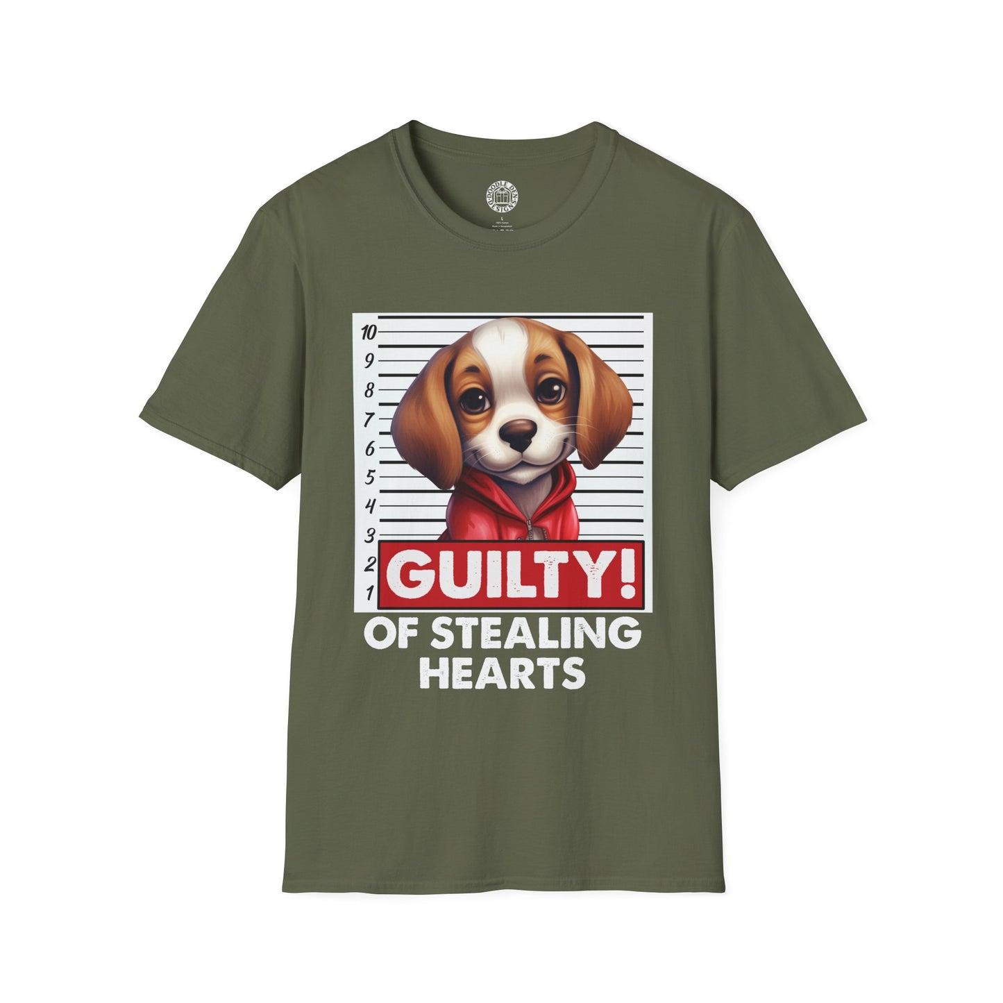 Green t-shirt with a Beagle dog graphic and text 'Guilty of Stealing Hearts' on a white background