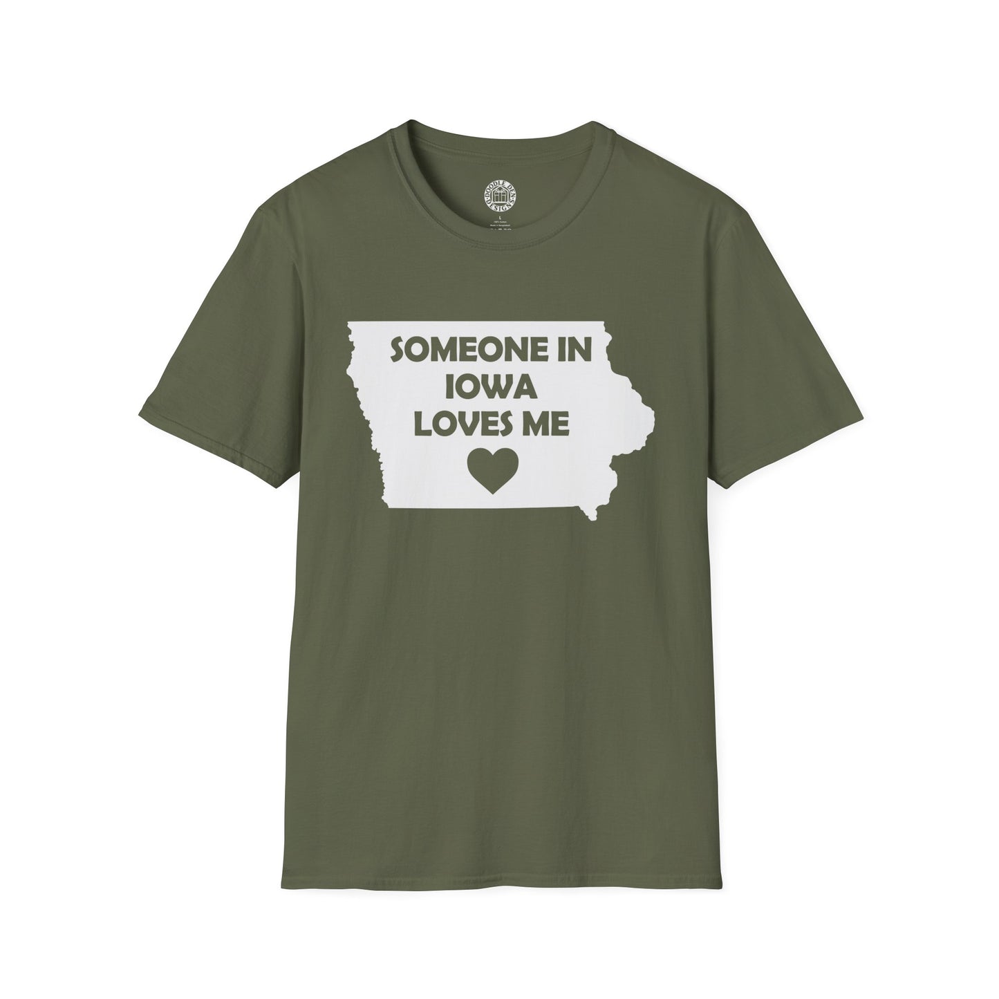Green t-shirt with 'Someone in Iowa loves me' text and heart graphic on a white background