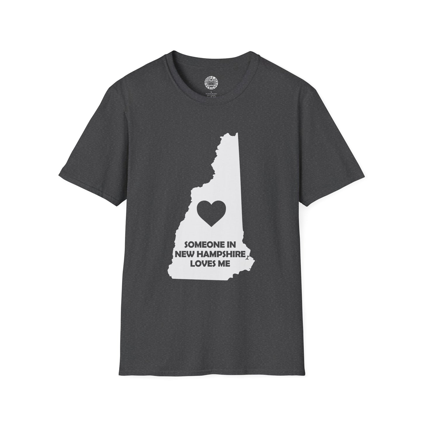 Gray t-shirt with white map of New Hampshire and heart design on a white background